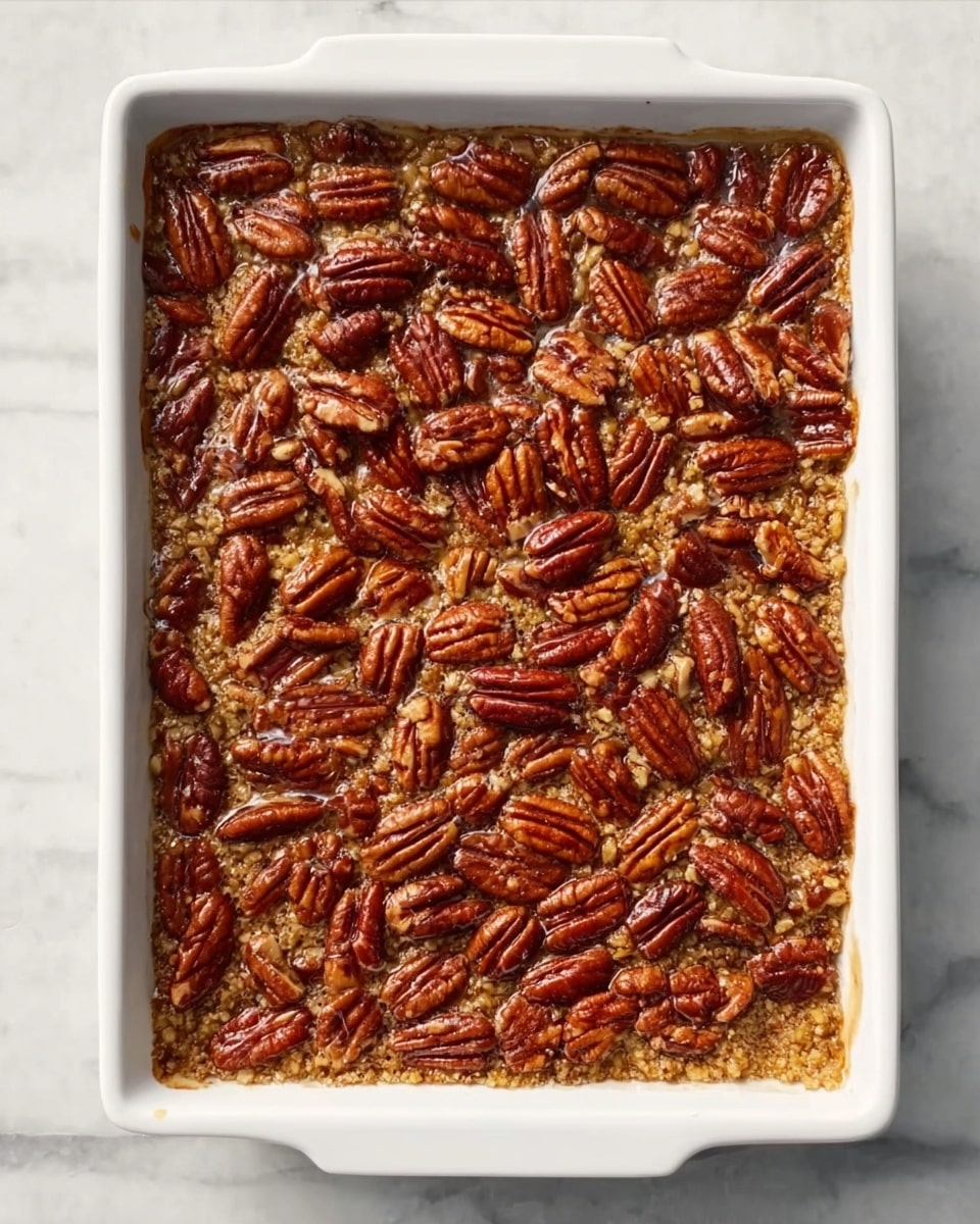 The image shows a rectangular white ceramic dish filled with a pecan dessert. The dessert has a crumbly, golden-brown base layer and is topped with many whole and halved pecans that are toasted to a rich reddish-brown color. The pecans are spread evenly to cover the whole surface, giving a textured and crunchy look. The dish is placed on a white marbled surface. The photo taken with an iphone --ar 4:5 --v 7