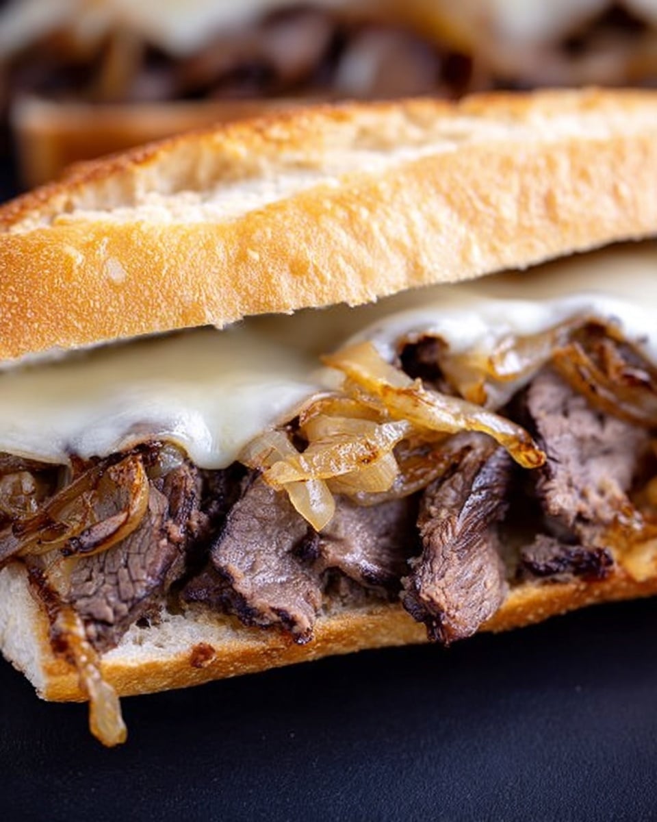 A close-up view of a sandwich showing three main layers inside a lightly toasted long white bread roll. The bottom layer has thin slices of cooked beef with a dark brown color and slightly crispy edges. On top of the beef, there is a layer of caramelized onions that are golden yellow with some darker browned parts. The top layer is melted white cheese that looks soft and smooth, spreading across the sandwich evenly. The sandwich is placed on a black surface with a blurred background. photo taken with an iphone --ar 4:5 --v 7