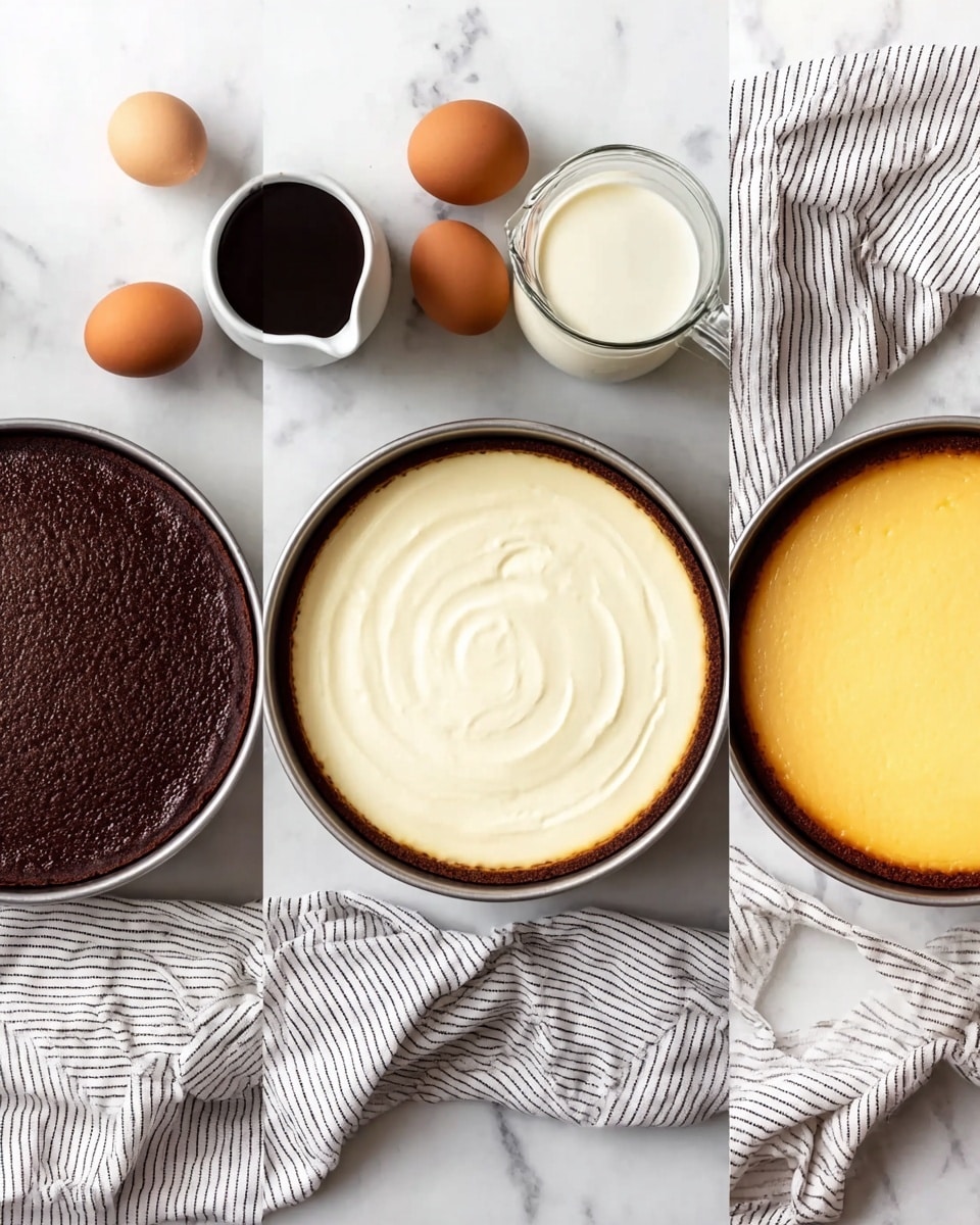 The image shows three stages of a cake in round pans placed on a white marbled surface. The first pan contains a dark brown chocolate cake layer with a slightly bumpy texture, cooled and set inside. The second pan holds a smooth, creamy white layer spread evenly, ready for the next step. The third pan shows a finished baked layer, golden-yellow with a light brown edge, appearing firm and slightly puffed. Around the pans, there are brown eggs, a small white jug with dark sauce, and a white and black striped cloth visible in all three photos. photo taken with an iphone --ar 4:5 --v 7