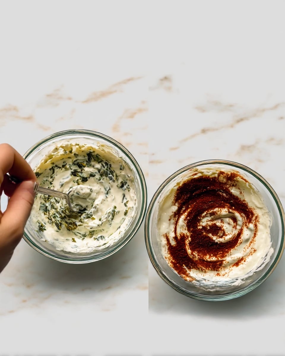 The image shows fresh green herbs finely chopped on a light wooden cutting board with visible natural grain, situated on a white marbled surface. A silver knife with a black handle lies next to the chopped herbs on the board, creating a clean and fresh cooking scene. The next image shows a clear glass bowl sitting on the same white marbled surface. Inside the bowl are creamy white sour cream, pale brown minced garlic, dark green herbs, and a small mound of black dried herb powder. The ingredients are placed in separate sections without mixing, showing a fresh and natural look. photo taken with an iphone --ar 4:5 --v 7
