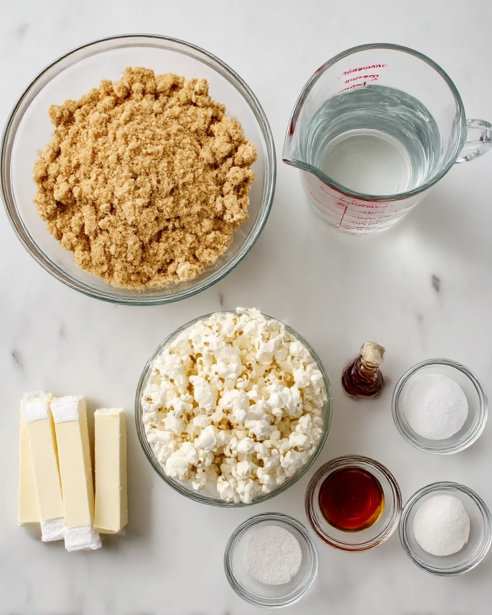 A large rectangular metal baking pan filled with a single even layer of popcorn covered in a caramel-like coating, showing a mix of white and golden-brown colors. The popcorn texture looks crunchy with shiny caramel spots scattered all over. The pan is placed on a white marbled surface with no other items around. photo taken with an iphone --ar 4:5 --v 7
