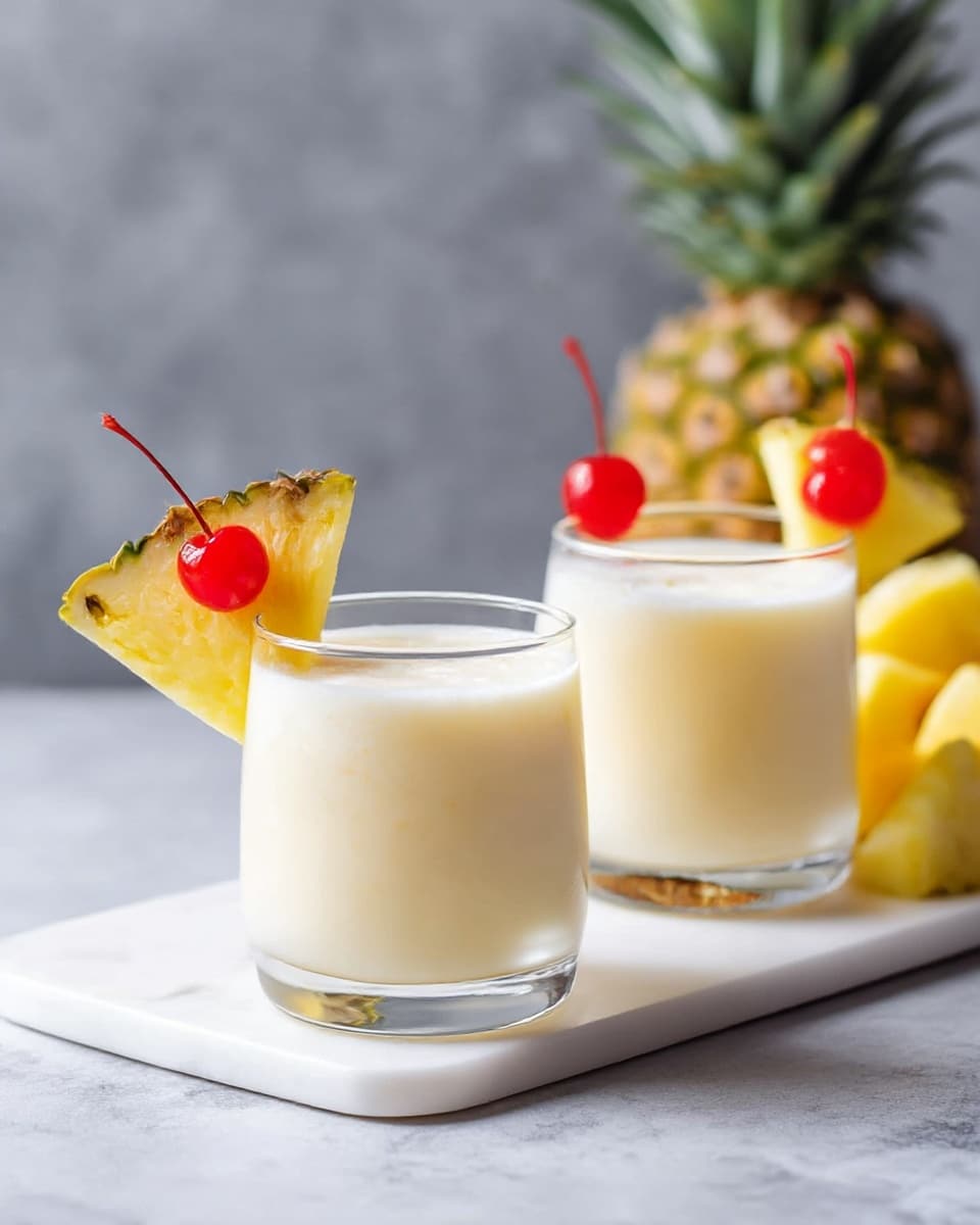 Two short clear glasses are filled with a creamy light yellow drink. Each glass has a triangular slice of bright yellow pineapple with a rough edge, placed on the rim, and a bright red cherry with a long stem sitting next to the pineapple slice on top of the drink. In the background, there is a white marbled tray filled with several chunks of sliced yellow pineapple, and a whole pineapple top with green leaves is also visible behind the tray. The scene is set on a white marbled surface with a soft gray blurred background. Photo taken with an iphone --ar 4:5 --v 7