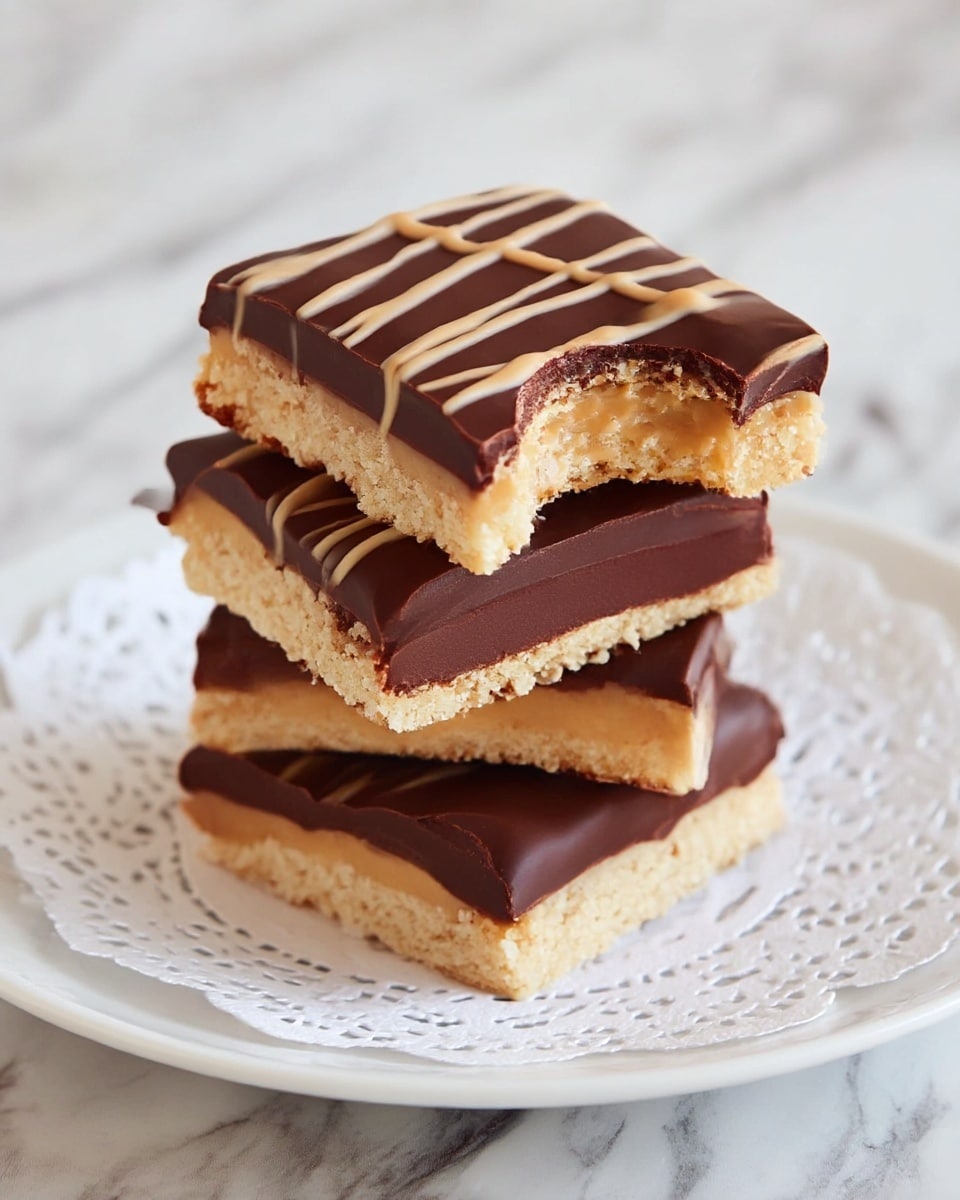 A stack of four square treats is shown on a white plate with a lace paper doily. Each treat has three visible layers: a light, crumbly biscuit base, a smooth chocolate middle layer, and a thin top layer of chocolate with light brown creamy zigzag stripes. The top treat has a bite taken out of it, showing the biscuit’s crumbly texture. The plate is placed on a white marbled surface, adding a clean and bright look. photo taken with an iphone --ar 4:5 --v 7