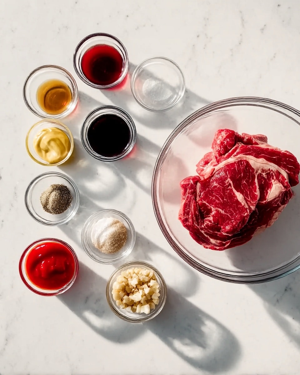 This image shows a white marbled surface with a large clear glass bowl on the right filled with a raw piece of red meat marbled with white fat. On the left side, there are nine small clear glass containers arranged in three rows: the first row has a dark red liquid, a black liquid, and pale yellow mustard; the middle row has white salt, black pepper, and beige powder; the bottom row has bright red ketchup and pale brown minced garlic. The light creates soft shadows of the bowls on the surface. photo taken with an iphone --ar 4:5 --v 7