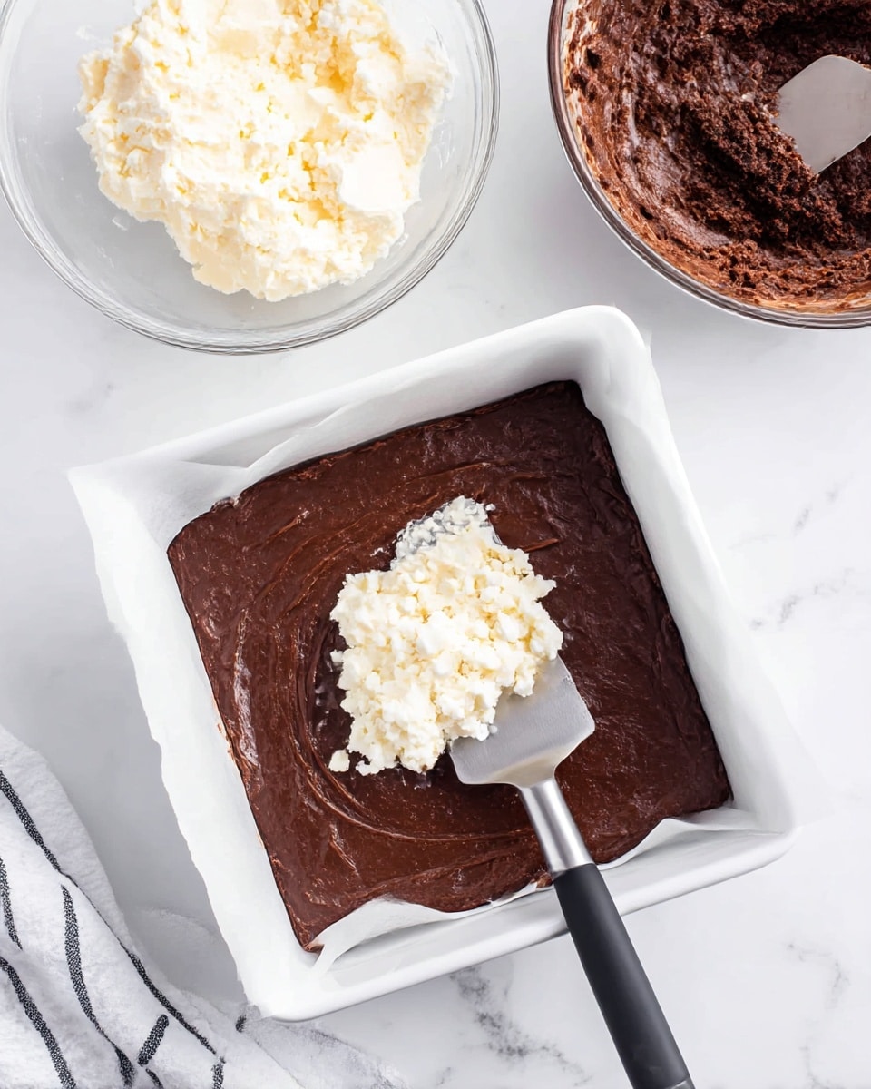The image shows a white baking pan lined with parchment paper filled with a thick, dark brown chocolate batter spread evenly inside. On top of the batter in the center, a dollop of white, crumbly cheese filling is placed. A silver spatula with a black handle is resting diagonally on the pan and is spreading the cheese filling over the chocolate batter. To the top left of the pan, there is a clear glass bowl filled with more white cheese filling, and to the top right, part of another bowl holding more chocolate batter is visible. The setting is on a white marbled surface with a white cloth with black stripes partially visible at the bottom left corner. photo taken with an iphone --ar 4:5 --v 7
