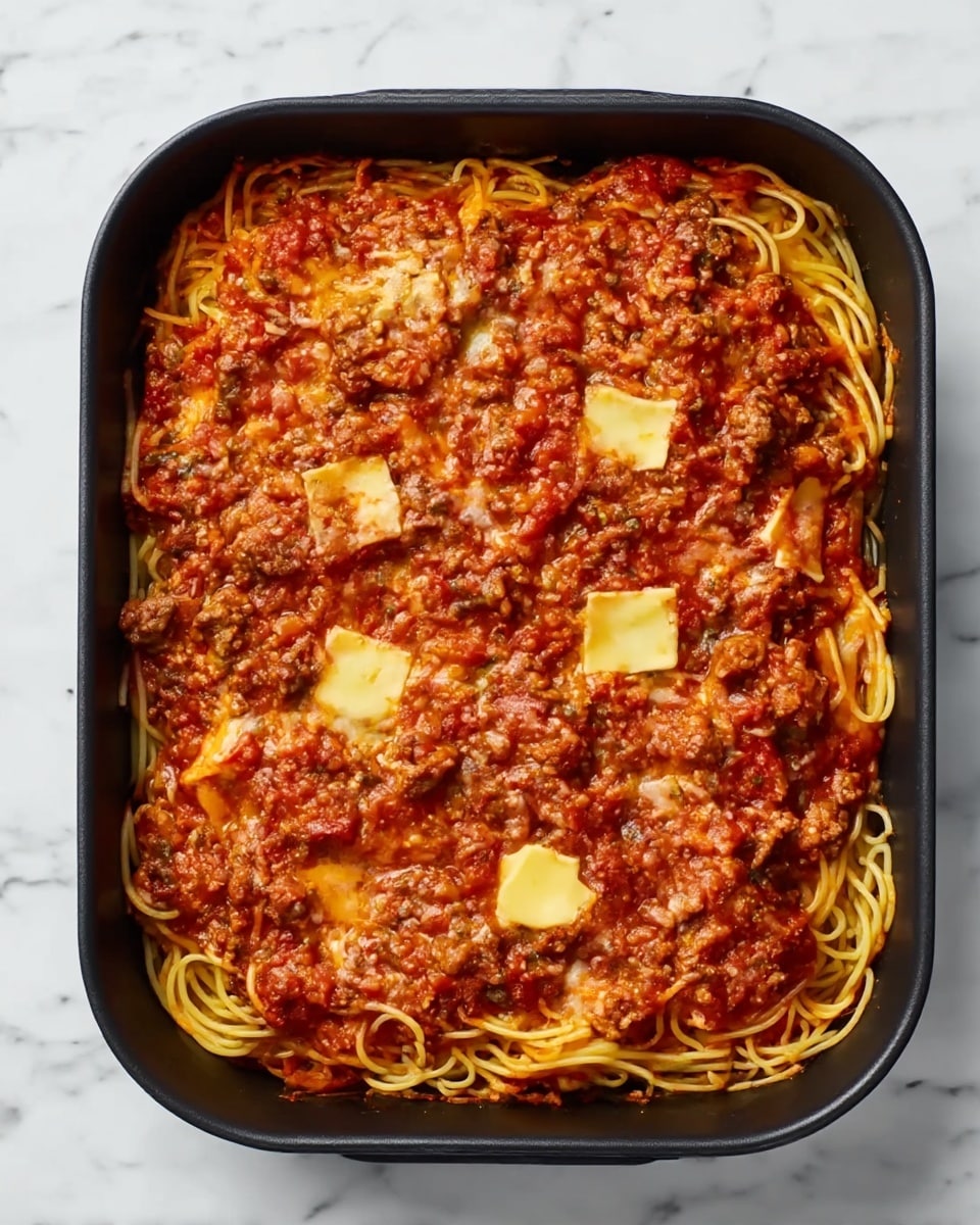 A black rectangular baking dish filled with a layer of cooked spaghetti noodles at the bottom, visible mostly around the edges. On top, there is a thick layer of chunky red tomato sauce mixed with browned ground meat, covering the noodles completely. Several small squares of melted yellow cheese rest unevenly on the sauce. The dish is set on a white marbled surface. Photo taken with an iphone --ar 4:5 --v 7