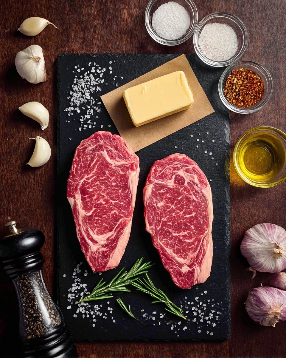 Two raw red steaks with white marbling lay side by side on a black slate board sprinkled with coarse salt. Around the steaks are three white garlic cloves at the top left and one at the bottom left, along with three sprigs of green rosemary placed near the steaks. A small glass container of golden oil sits near the bottom right steak. The black slate board with the items is on a dark brown wooden surface. At the top center, a light yellow rectangular block of butter rests on a small brown paper, while small glass bowls hold a coarse white salt at the top right and a mixed spice blend at the top left. A clear pepper grinder with black peppercorns is positioned at the bottom left corner, and two whole garlic bulbs with light purple hues sit at the bottom right. photo taken with an iphone --ar 4:5 --v 7