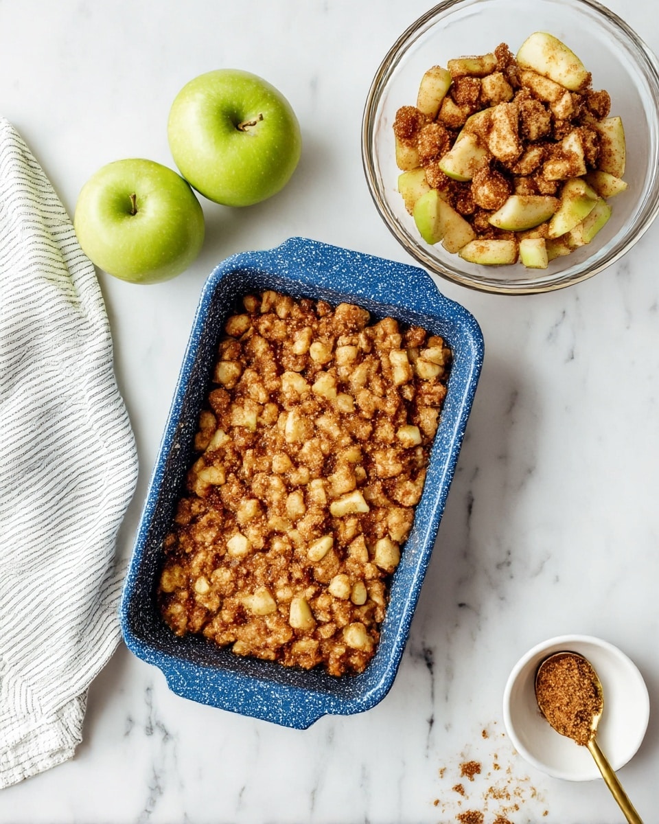 The image shows a blue speckled rectangular baking dish filled with a layer of diced apples mixed with brown sugar and spices, creating a textured mix of golden and light brown pieces evenly spread inside. To the left, two fresh green apples rest beside a white and gray striped cloth on a white marbled surface. On the right side, a clear glass bowl contains more diced apples coated with cinnamon and a gold spoon in it, while a small white bowl below holds loose brown sugar crumbs with a decorative gold spoon sticking out. The scene is bright and clean with a focus on the dessert ingredients and preparation photo taken with an iphone --ar 4:5 --v 7