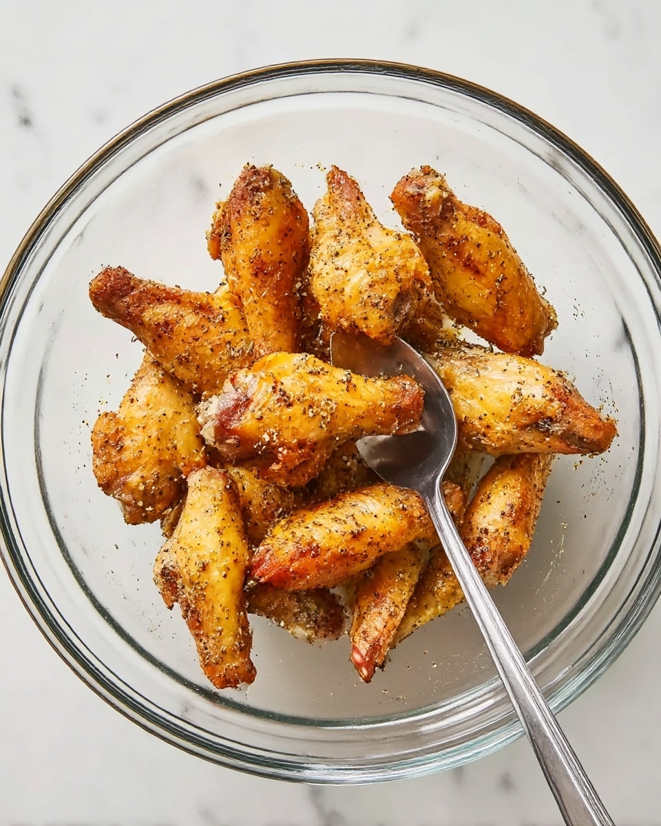 A clear glass bowl holds nine cooked chicken wings with a golden brown color, each wing sprinkled with black pepper and other spices, creating a speckled texture over the skin. The wings are arranged somewhat overlapping in the bowl, and a metal spoon rests on the right side inside the bowl, its handle extending outwards. The bowl is placed on a white marbled surface. photo taken with an iphone --ar 4:5 --v 7