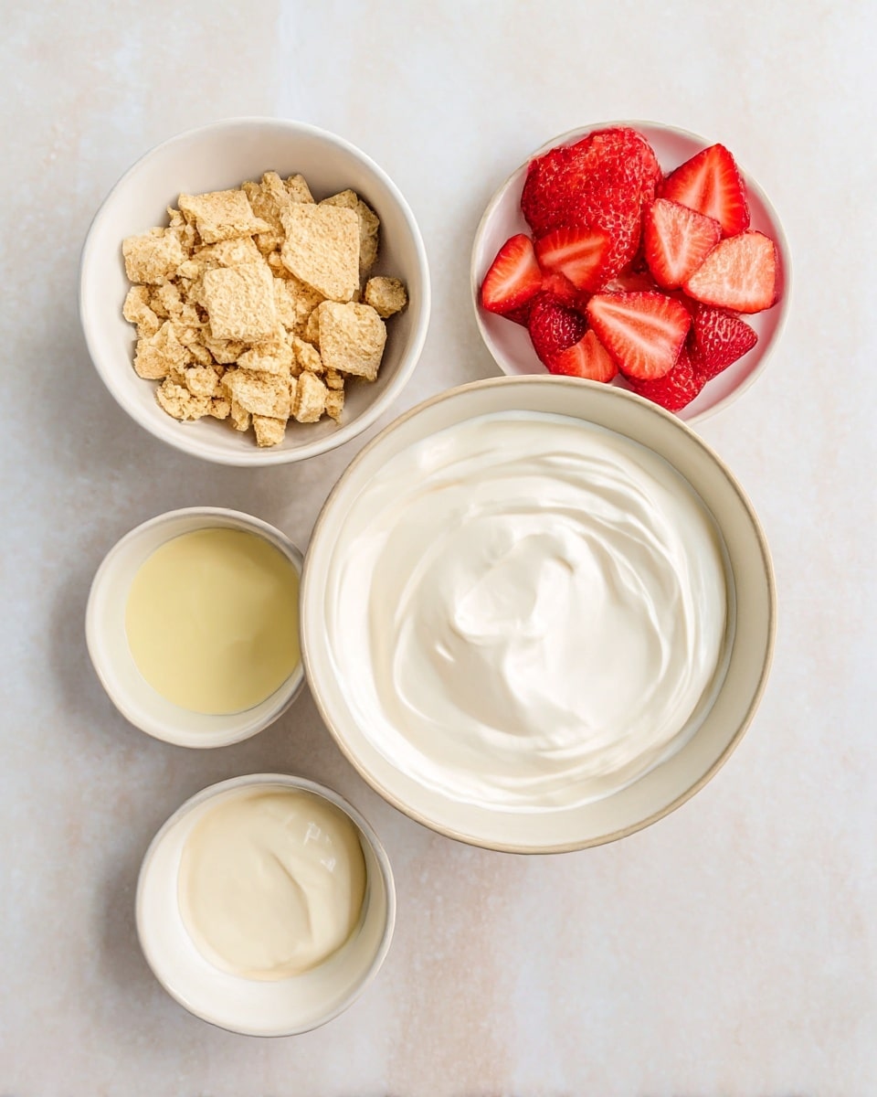 The image shows four small bowls arranged on a white marbled surface. The largest bowl at the center is filled with smooth, thick white cream with swirled texture on the top. Below this bowl, slightly to the left, is a white bowl filled with crumbled light brown biscuits. To the right of the biscuit bowl is a plate filled with fresh, bright red strawberry slices neatly placed in layers showing their juicy texture. Above the cream bowl, there are two smaller bowls; one contains a pale yellow cream with a soft texture, and the other holds a small amount of light yellow liquid. photo taken with an iphone --ar 4:5 --v 7