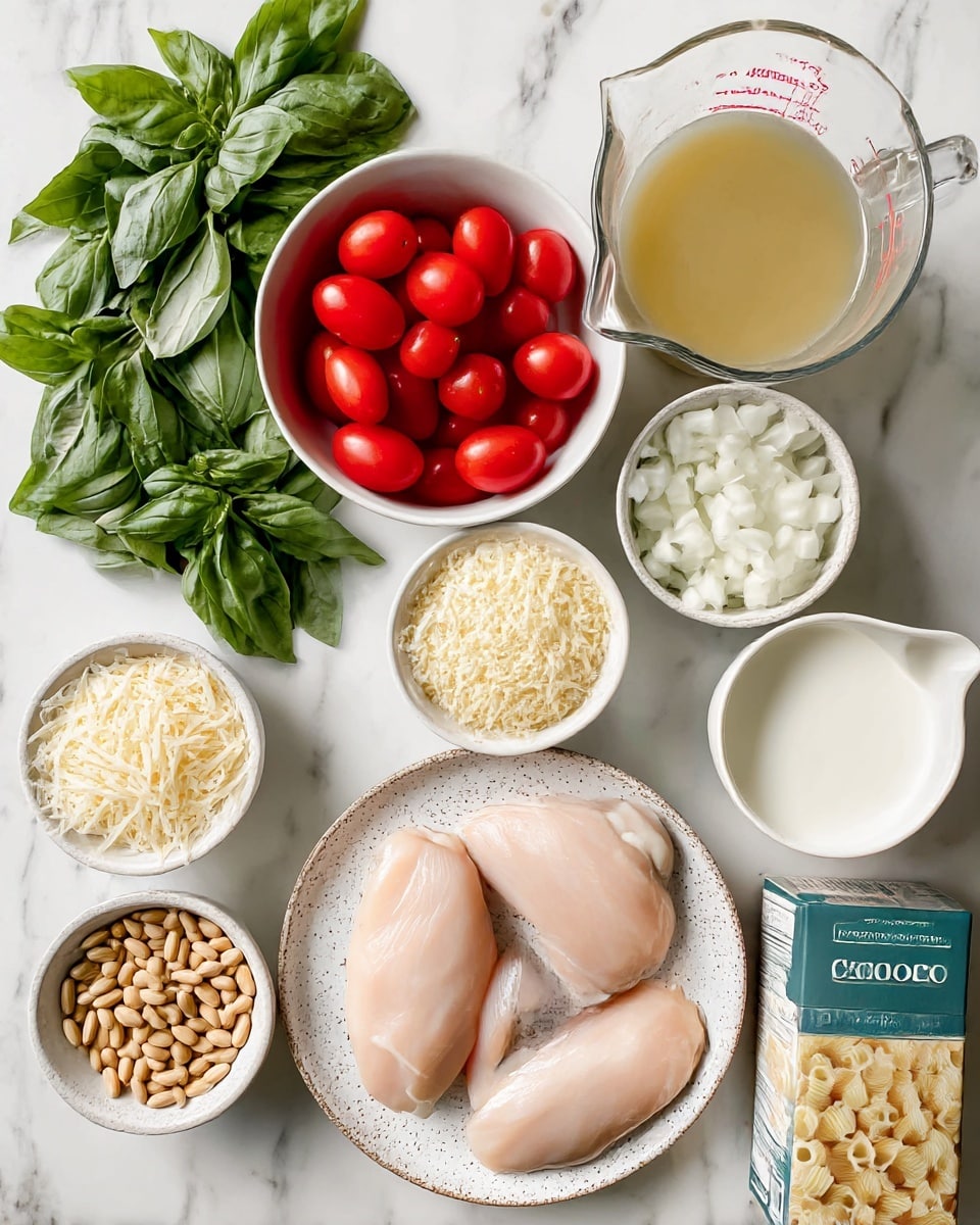 The image shows fresh ingredients for a meal arranged neatly on a white marbled surface. In the center bottom, there is a white speckled plate with three raw chicken breasts with a smooth, pale pink color. To the left, a cluster of fresh basil leaves spreads out in different shades of green, and below it, a small white bowl is filled with light beige pine nuts. Above the basil, a white bowl holds bright red grape tomatoes with shiny skins, and next to it on the left, another white bowl holds shredded Parmesan cheese in a pale yellow tone. Above the tomatoes, a white bowl is full of small diced white onions. To the upper right, a clear glass measuring cup contains light golden chicken broth, and beside it, a white jug holds thick, white heavy cream. To the right of the crusted ingredients, a packaged box of potato gnocchi with visible light yellow pasta pieces is placed. The background is a white marbled texture. photo taken with an iphone --ar 4:5 --v 7