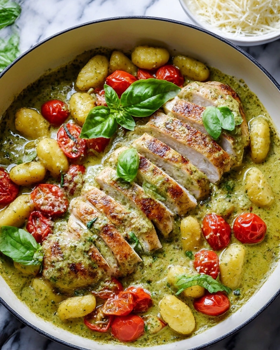 The image shows a white pan with three pieces of sliced cooked chicken on top. The chicken is covered with green creamy pesto sauce. Around the chicken are small golden gnocchi pieces and bright red cherry tomatoes, some whole and some slightly softened. The sauce is thick and green, filled with herbs, and there are fresh green basil leaves scattered on top of the chicken and sauce. The pan is placed on a white marbled surface, and some extra grated cheese is in a blurred white bowl in the background. Photo taken with an iphone --ar 4:5 --v 7