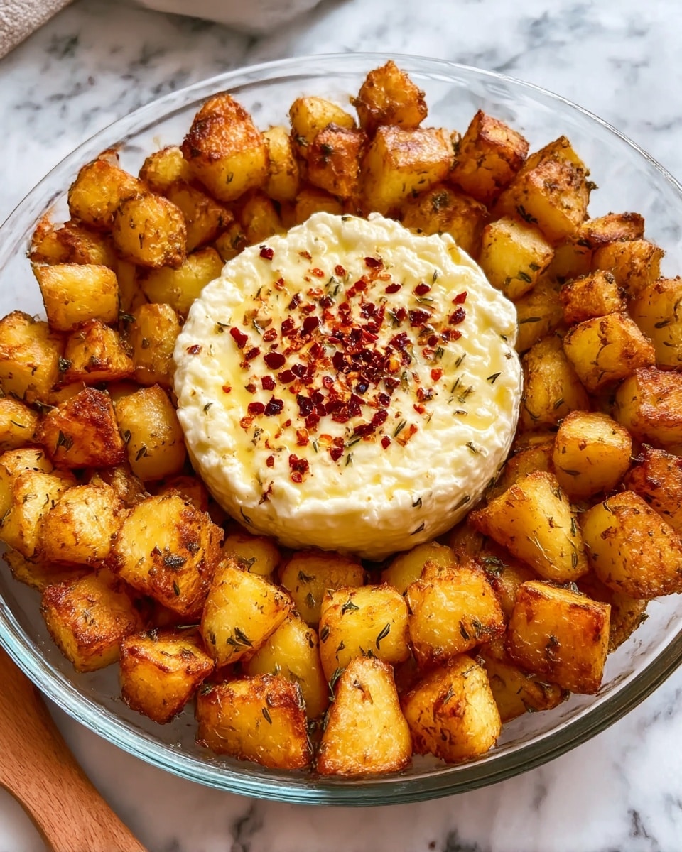 A clear round baking dish holds golden-brown roasted potato cubes arranged in a ring around a whole round of white cheese in the center. The potatoes have a crispy texture with darker browned edges and flecks of herbs and seasoning visible on their surface. The cheese is topped with cracked black pepper and red chili flakes, giving a speckled look on its smooth surface. The dish sits on a white marbled surface, with a wooden utensil partially visible at the bottom left corner. Photo taken with an iphone --ar 4:5 --v 7