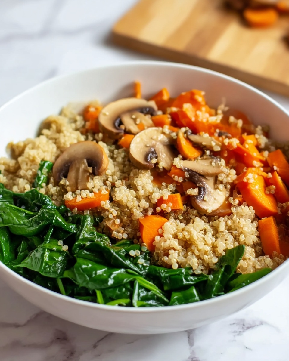 Savory High Protein Quinoa Breakfast Bowl Recipe 5 A white bowl filled with three layers: the bottom layer is fresh, dark green spinach leaves, the middle layer consists of small, light beige quinoa grains, and the top layer shows chopped bright orange carrots and sliced light brown mushrooms with gills visible, all mixed evenly. The bowl sits on a white marbled surface, with a blurred wooden cutting board in the background. photo taken with an iphone --ar 4:5 --v 7
