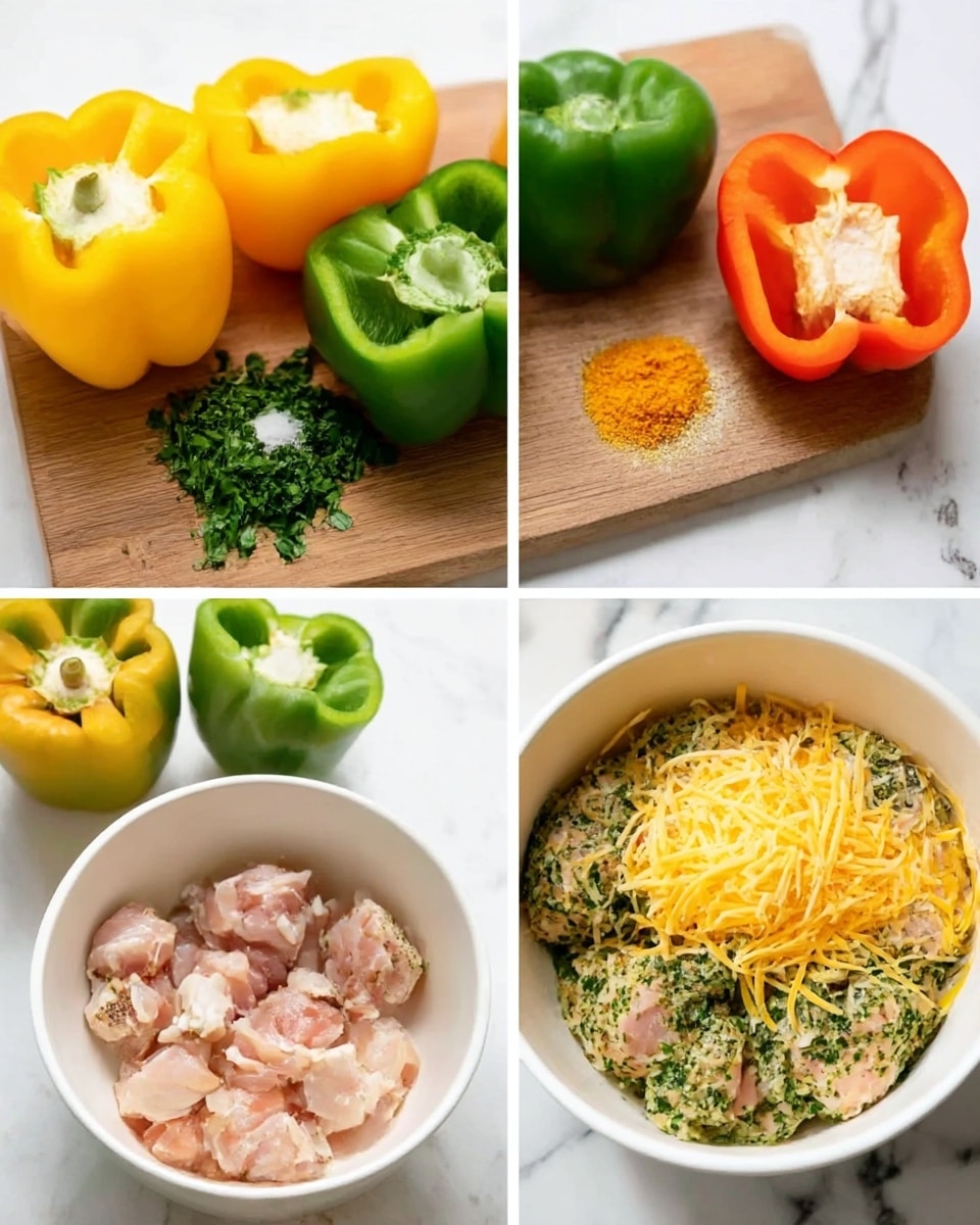 Four images show the process of making a filling for stuffed peppers. The first image shows six bell pepper halves in three colors: yellow, green, and red, all placed on a wooden board. The second image shows a white bowl with raw small chicken pieces, chopped green herbs, salt, black pepper, and a sprinkle of orange zest, all separated inside the bowl. The third image is a closer view of the same white bowl now adding a generous pile of shredded yellow cheese on top of the chicken and herbs. The last image shows everything mixed together inside the white bowl, with the chicken pieces coated in the green herbs, spices, and cheese. The background in the last three images is a white marbled surface. Photo taken with an iphone --ar 4:5 --v 7