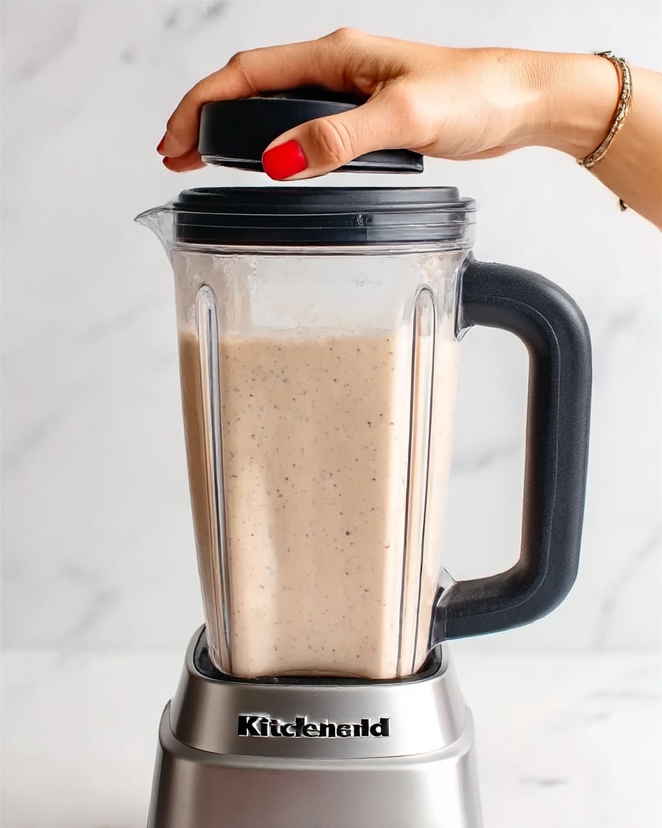 A clear blender container filled with a creamy, light beige mixture with small dark specks, the mixture filling almost to the top. The blender has a black lid and a black handle on the right side. A woman's hand with red nail polish is holding the lid on top. The blender base is metallic silver with the brand name