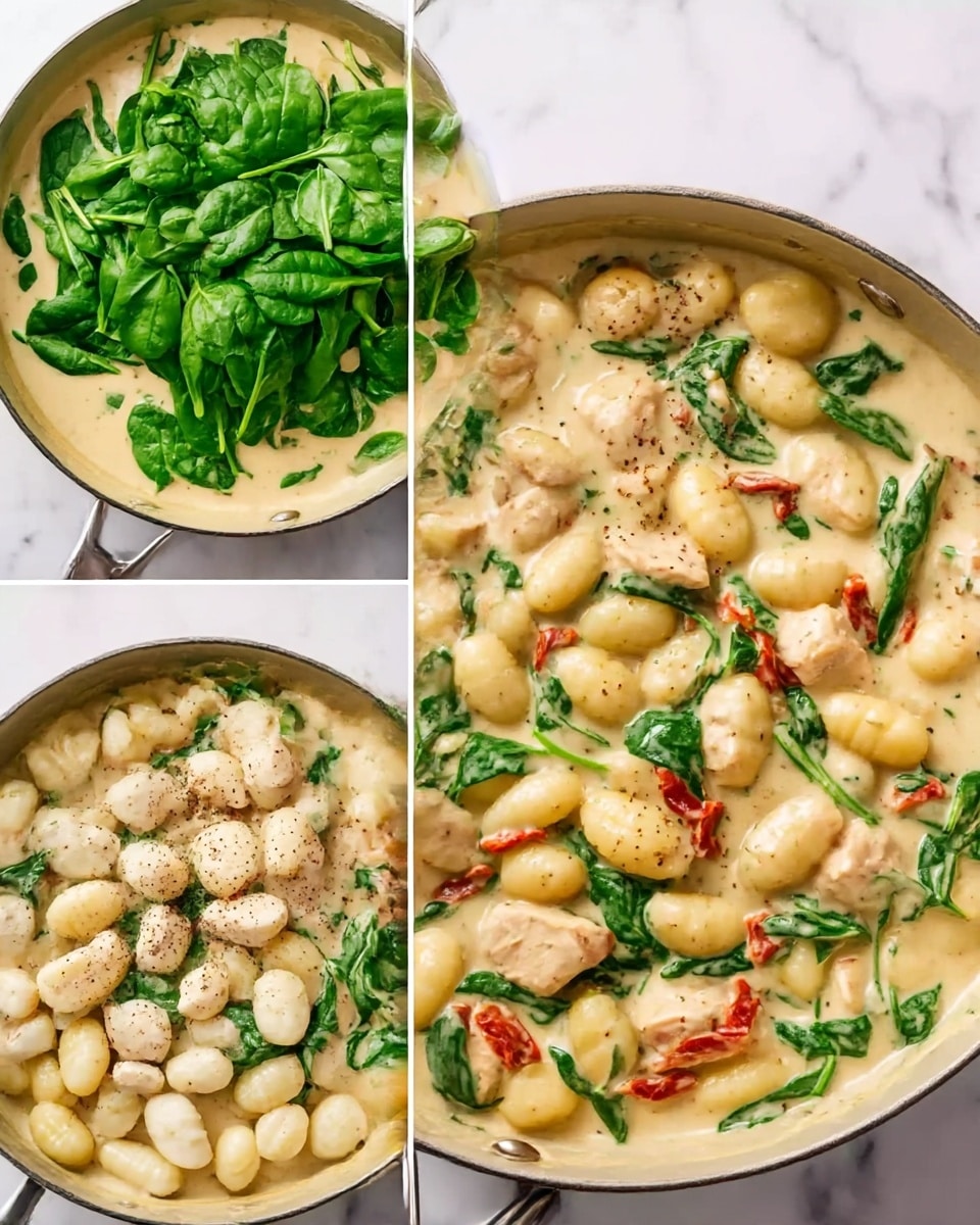 The image shows three stages of cooking a creamy gnocchi dish with chicken and spinach in a pan. The top left part shows bright green spinach leaves being added to a light cream-colored sauce. The bottom left part has small white gnocchi pieces and beige chicken chunks, seasoned with black pepper, in the creamy sauce with spinach started to wilt. The larger right side shows the finished dish with soft, light yellow gnocchi mixed with small pieces of cooked chicken, wilted green spinach, and bits of red sun-dried tomatoes in a creamy, light beige sauce, all coated evenly. The pan rests on a white marbled surface. photo taken with an iphone --ar 4:5 --v 7