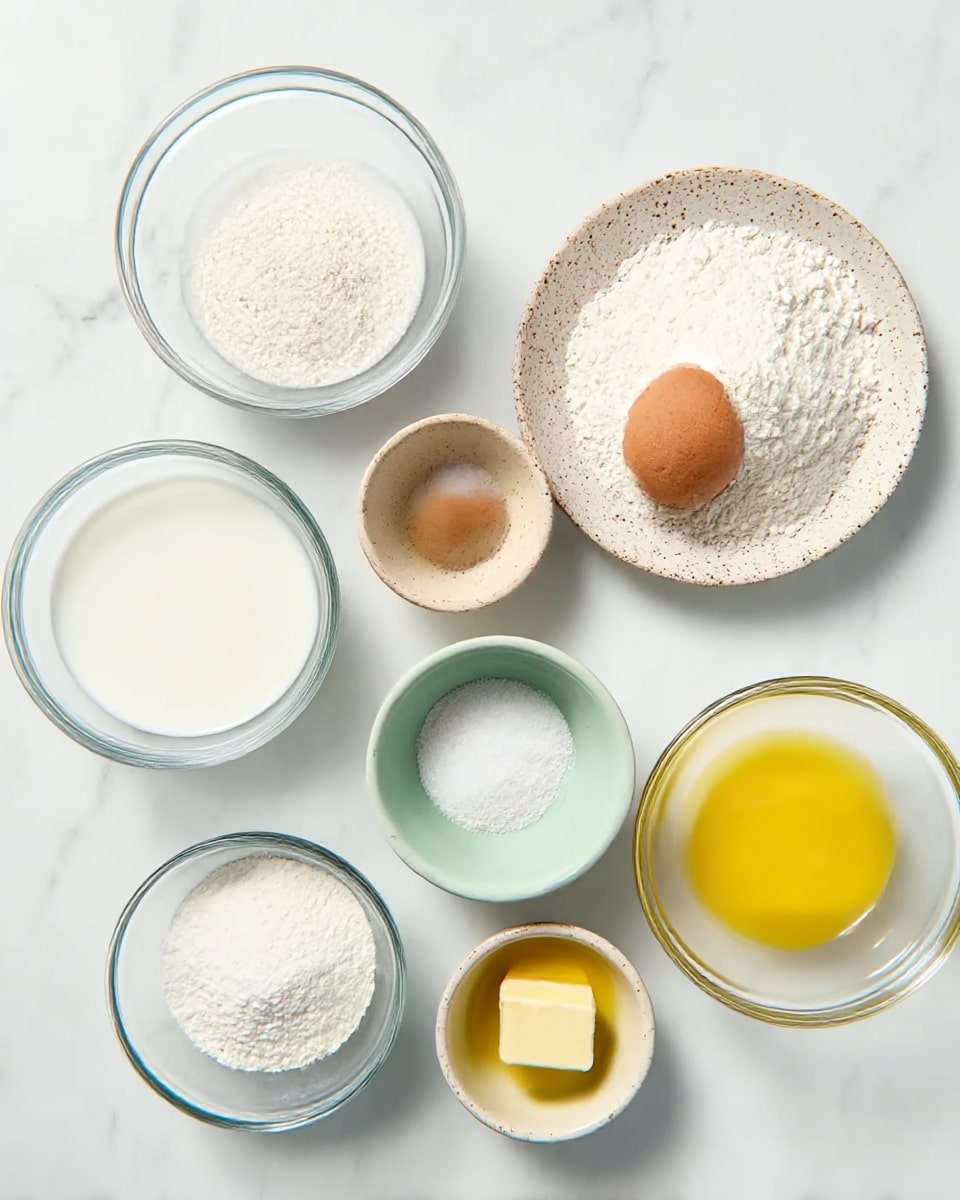 The image shows eight bowls and one egg arranged on a white marbled surface. At the bottom left, there's a glass bowl filled with white milk. To the right of it, another glass bowl contains white flour with a soft, powdery texture. Above these, from left to right, there is a small beige bowl with a pinch of salt, a speckled beige plate holding a single brown egg, a light green bowl with a white powder (probably baking powder), a small beige bowl filled with white sugar, and a glass bowl with melted yellow butter. The arrangement is neat and evenly spaced, with the colors showing natural food tones against the clean, white marbled background. Photo taken with an iphone --ar 4:5 --v 7