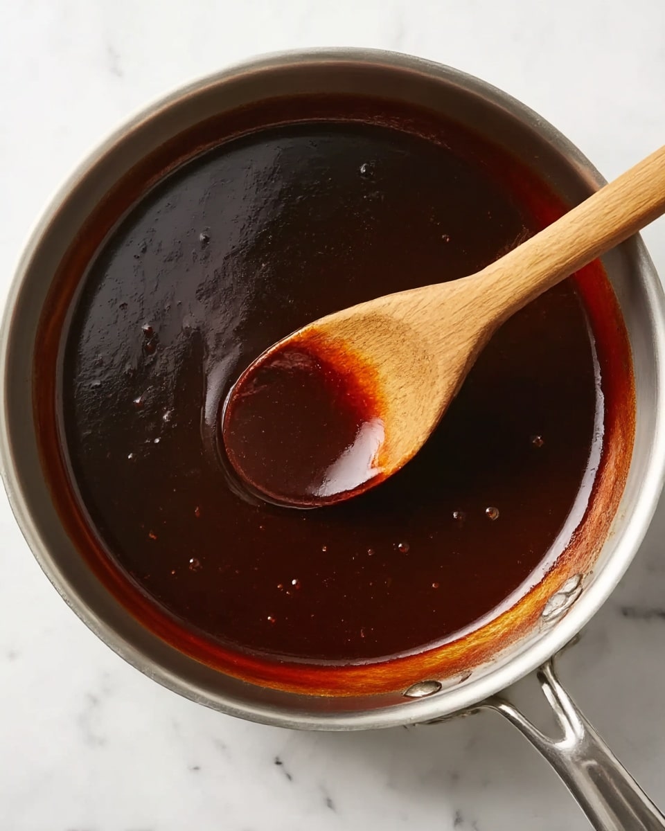 A shiny, dark brown sauce fills a silver pan, showing a smooth, thick texture that reflects light on its shiny surface. A wooden spoon with a deep shadow rests inside the pan, dipped in the sauce which clings evenly to the spoon’s rounded head. The pan is placed on a white marbled surface, adding a clean and bright contrast to the rich color of the sauce photo taken with an iphone --ar 4:5 --v 7