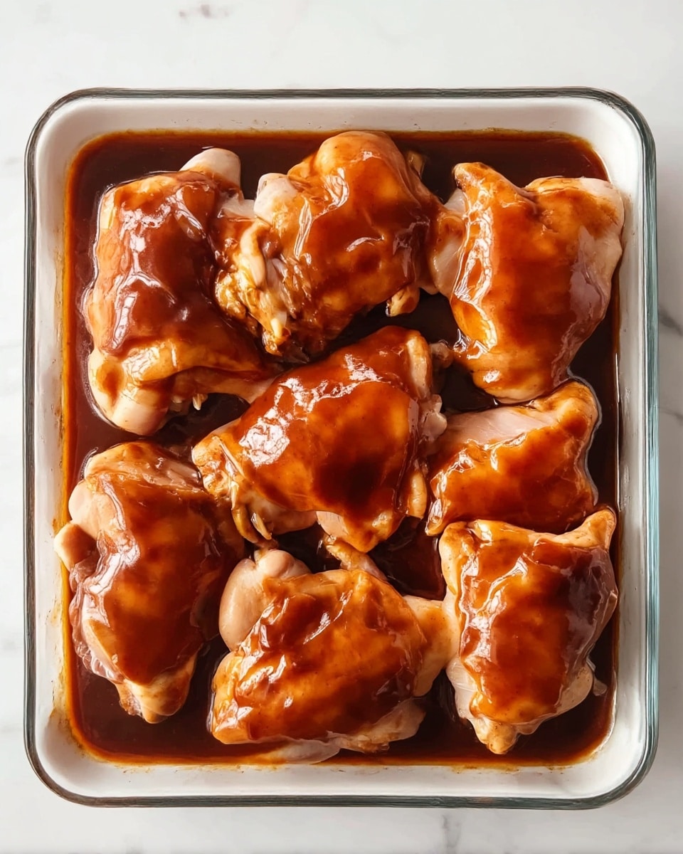 A white rectangular dish filled with several pieces of raw chicken thighs evenly spread in two rows. Each piece is coated in a shiny dark brown sauce that covers the chicken in a thick layer, creating smooth, glossy textures with some slight variations in color where the sauce pools. The pieces are close to each other but not overlapping, and the dish is set on a white marbled surface. photo taken with an iphone --ar 4:5 --v 7