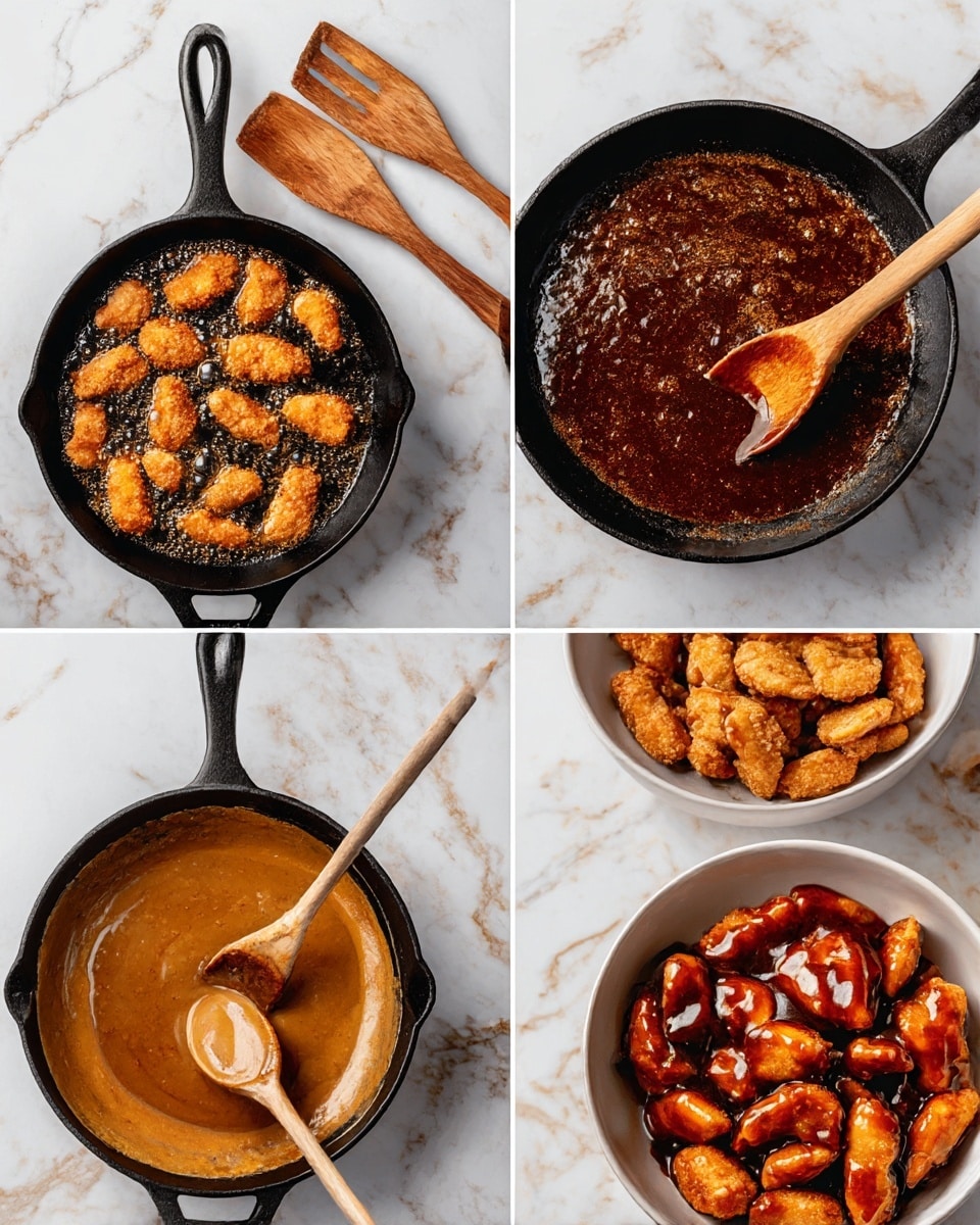 The image is divided into four parts showing the cooking process of a dish. The top left shows a black cast iron pan on a white marbled surface with golden-brown fried chicken pieces bubbling in oil, next to a wooden spatula lying on the surface. The top right shows the same pan with a thick, dark reddish-brown sauce bubbling inside and a wooden spoon resting in it, while a white bowl with fried chicken pieces sits nearby. The bottom left shows the pan with a lighter tan sauce being stirred by a wooden spoon, with the bowl of fried chicken still on the side. The bottom right is a close-up of the finished dish with glossy dark reddish-brown sauce coating the golden-brown chicken pieces, making them shine with a sticky texture. photo taken with an iphone --ar 4:5 --v 7