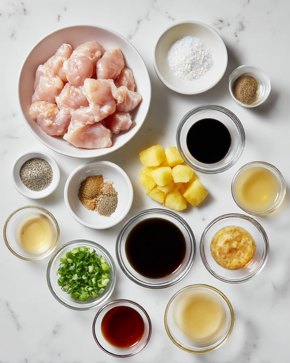 The image shows various ingredients arranged neatly on a white marbled texture. On the left is a white bowl filled with raw pieces of chicken in soft pink color. Surrounding it are several small white bowls and clear glass cups: one with salt (white granules), one with black pepper, one with dark soy sauce, one with chopped garlic (light yellow), one with brown sugar crystals, one with bright yellow pineapple chunks, one with chopped green onions topped with white seeds, one with a light yellow liquid, one with a dark reddish-brown liquid, and one with a clear liquid. The ingredients are placed in a clean, organized layout, all in small white bowls or clear cups. photo taken with an iphone --ar 4:5 --v 7