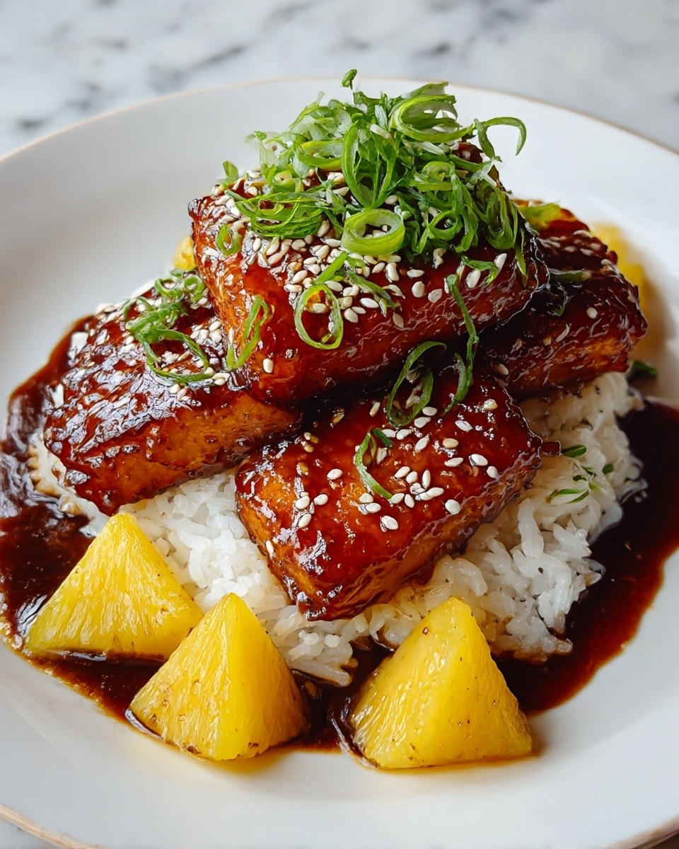 A white plate holds three golden-brown glazed pieces stacked on top of a bed of white rice. Around the rice, there are four bright yellow pineapple chunks placed evenly. The glazed pieces are shiny and covered with white sesame seeds, and the top is garnished with thinly sliced green onions. There is a rich dark sauce pooling slightly around the rice and pineapple. The plate is set on a white marbled surface. photo taken with an iphone --ar 4:5 --v 7