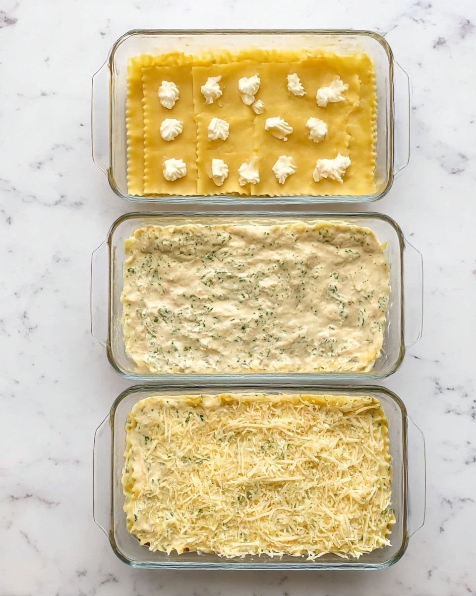 The image shows three stages of making a layered pasta dish in a clear glass rectangular baking dish on a white marbled surface. In the first stage, there is a single layer of yellow pasta sheets covering the bottom, with small dollops of white creamy filling spread evenly on top. In the second stage, the pasta is fully covered by a thick, creamy, light beige sauce mixed with green herbs, spread smoothly over the layer beneath. In the third stage, the top is completely covered by a layer of shredded pale yellow cheese with small bits of herbs mixed in, spreading evenly to cover the entire surface. photo taken with an iphone --ar 4:5 --v 7