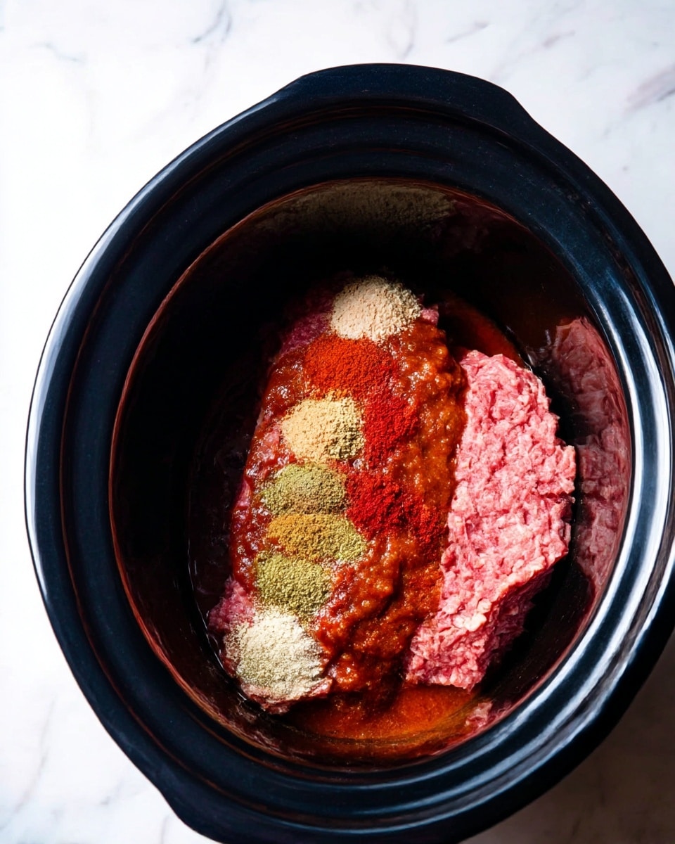 Inside a black slow cooker, there are two large pieces of raw pink ground meat placed side by side as the base layer. On top, a chunky reddish brown tomato sauce is spread over parts of the meat, with several colorful powders layered in small piles: a light brown powder, a bright red paprika powder, a greenish powder, a white powder, and a darker brown powder, all arranged in a line across the meat and sauce. The slow cooker is sitting on a white marbled surface. photo taken with an iphone --ar 4:5 --v 7