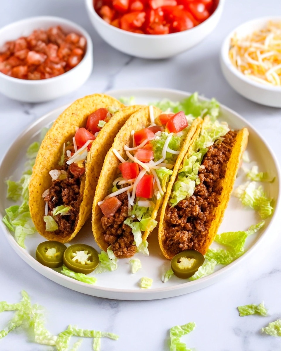 The image shows three crispy yellow taco shells arranged side by side on a white plate with a white marbled surface underneath. Each taco shell is layered with a base of chopped green lettuce, followed by a thick layer of brown cooked ground meat. On top of the meat, small pieces of red tomato and white and yellow shredded cheese are scattered evenly. Each taco also features a few slices of green jalapeno peppers on the sides. Around the plate, there are loose pieces of lettuce and cheese. In the background, there are two white bowls, one filled with bright red chopped tomatoes and the other with a mix of shredded white and yellow cheese. photo taken with an iphone --ar 4:5 --v 7