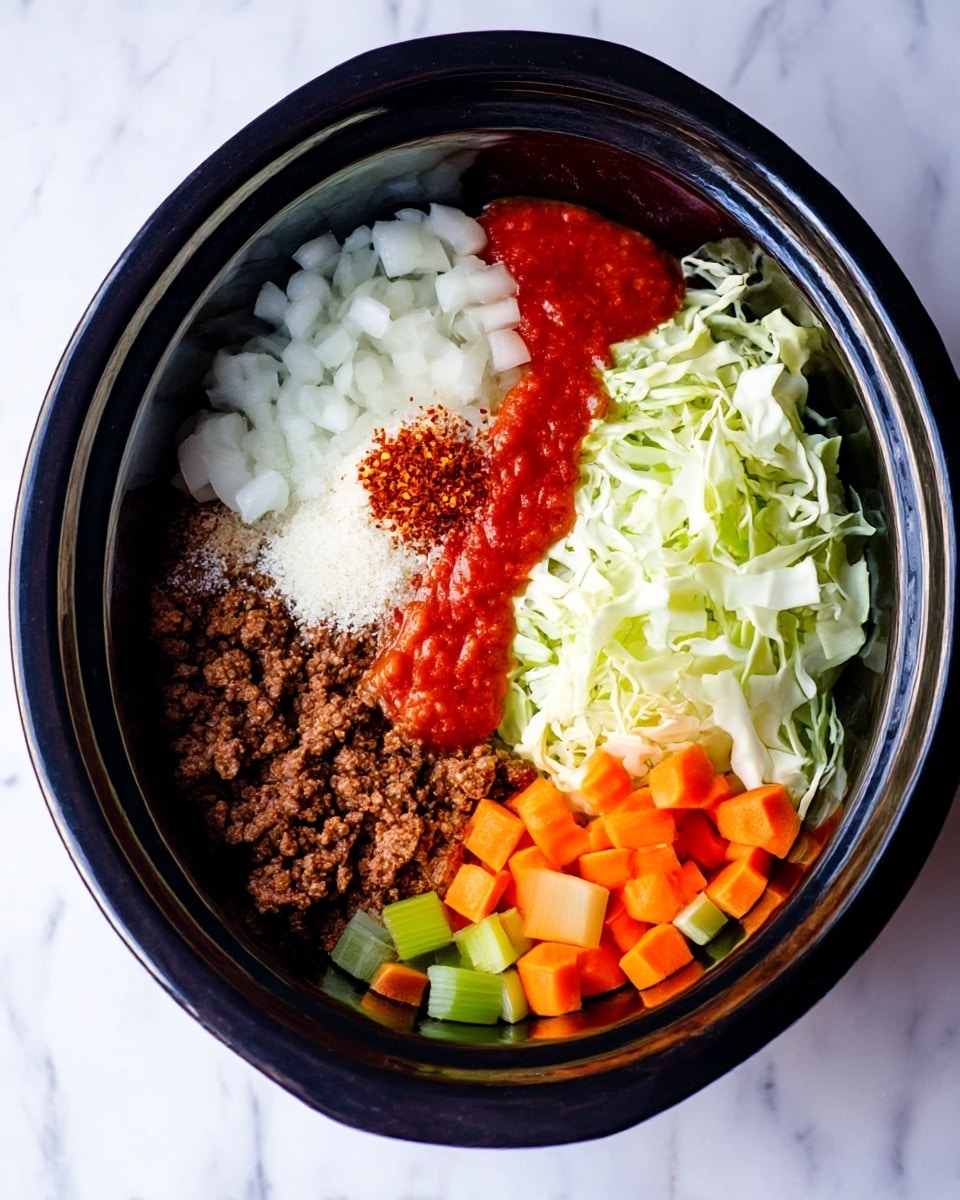 A black slow cooker bowl filled with layered ingredients sits on a white marbled surface. On the left side, there is a dark brown cooked ground meat layer next to a pile of chopped white onions and a mound of granulated white salt and reddish chili flakes. Above the salt, a curved mound of bright red sauce adds a smooth texture. To the right of the sauce and meat, shredded pale green cabbage forms a thick, central layer. At the bottom right, bright orange chopped carrots and small cubes of light green celery add pops of color and fresh texture. Photo taken with an iphone --ar 4:5 --v 7