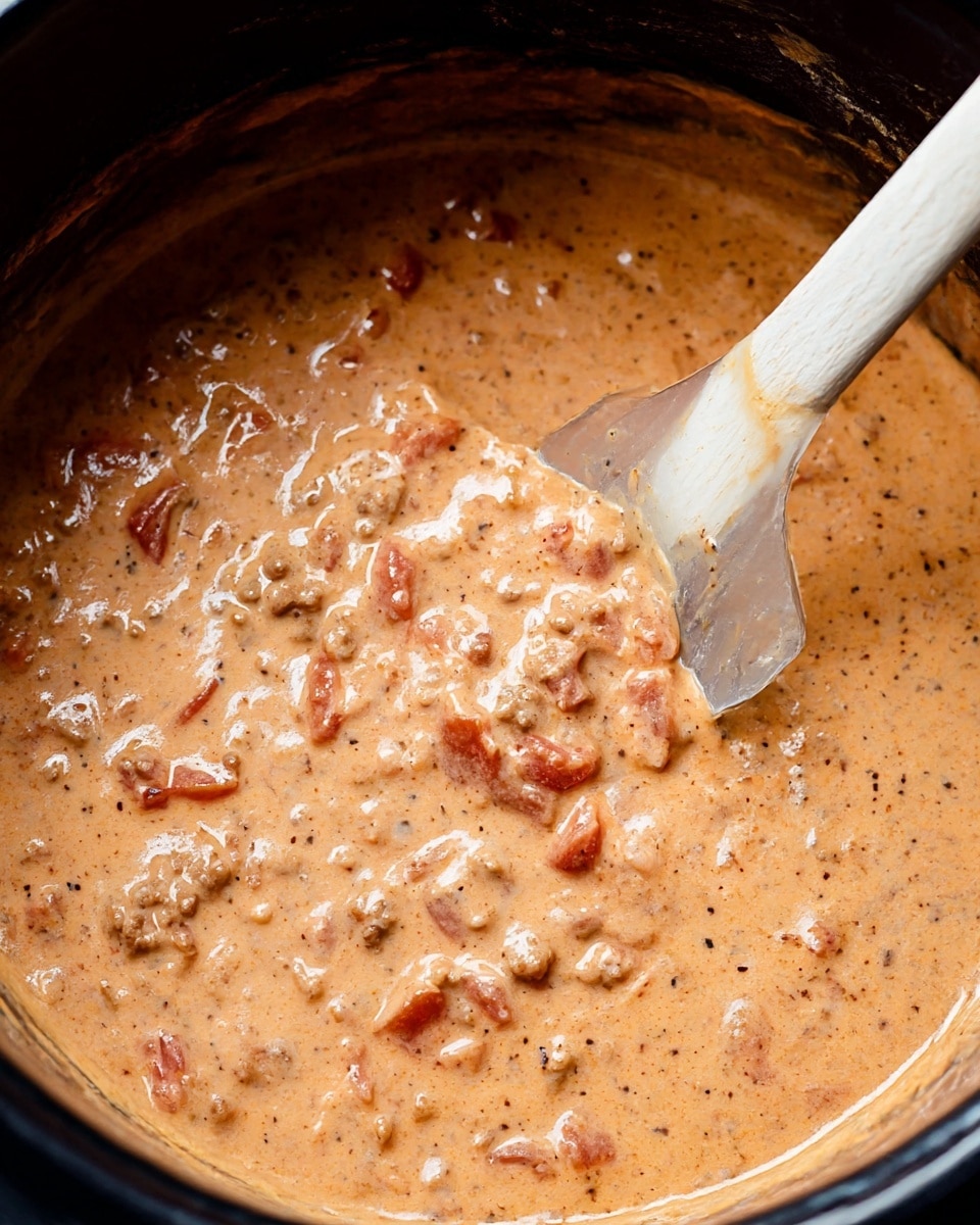 A close-up of a creamy orange-brown sauce with small chunks of tomatoes and ground meat mixed throughout. The sauce is thick and smooth with visible bits of black pepper and spices. A clear spatula with a white wooden handle is partially submerged in the sauce, stirring it inside a black pot. The white marbled surface is faintly visible around the pot edges. Photo taken with an iphone --ar 4:5 --v 7