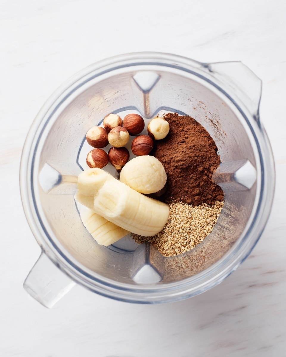 Inside a clear blender, there are four main layers of ingredients. At the bottom, two pale yellow frozen banana pieces lay flat. On the left side, a small pile of light brown hazelnuts with their skins partly on rests against the bananas. On the right, there is a heap of dark brown cocoa powder, showing a soft, powdery texture. Near the bananas and cocoa, a small amount of ground flax seeds, light brown and crumbly, is sprinkled. The blender is placed on a white marbled surface. Photo taken with an iphone --ar 4:5 --v 7