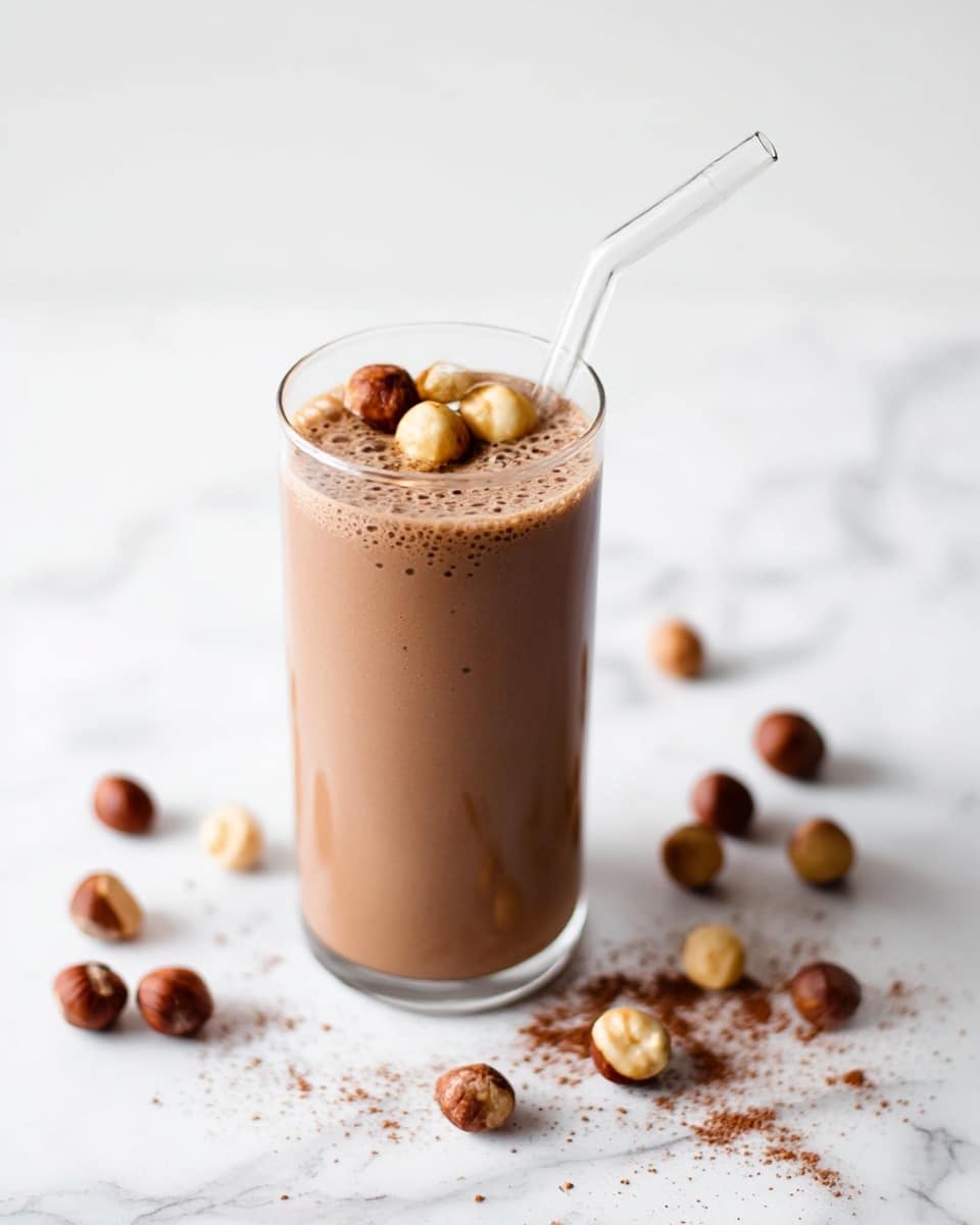A tall, clear glass filled with a smooth, light brown chocolate drink topped with a few whole hazelnuts, with a transparent glass straw leaning inside from the right side. The glass sits on a white surface with a marbled pattern, scattered with whole hazelnuts and some chocolate powder around it. The drink shows a creamy texture with small bubbles on the surface. photo taken with an iphone --ar 4:5 --v 7