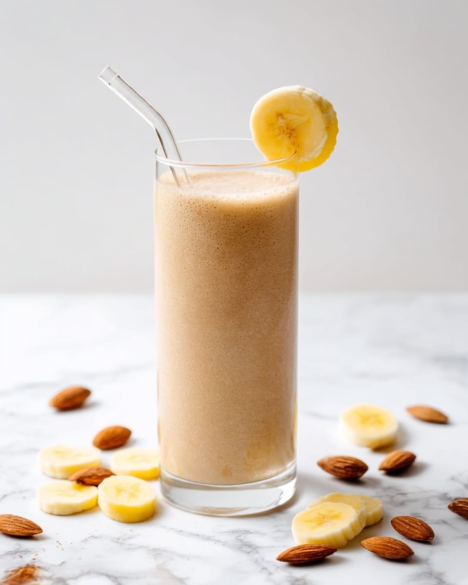 A tall, clear glass filled with a smooth, light brown banana smoothie with a slightly frothy top layer, set against a white marbled surface. A thin glass straw is placed inside the glass, and a round banana slice with a yellow peel edge is placed on the rim. Around the glass on the white marbled surface, there are scattered pieces of banana slices with yellow edges and whole brown almonds. The background is plain white. photo taken with an iphone --ar 4:5 --v 7