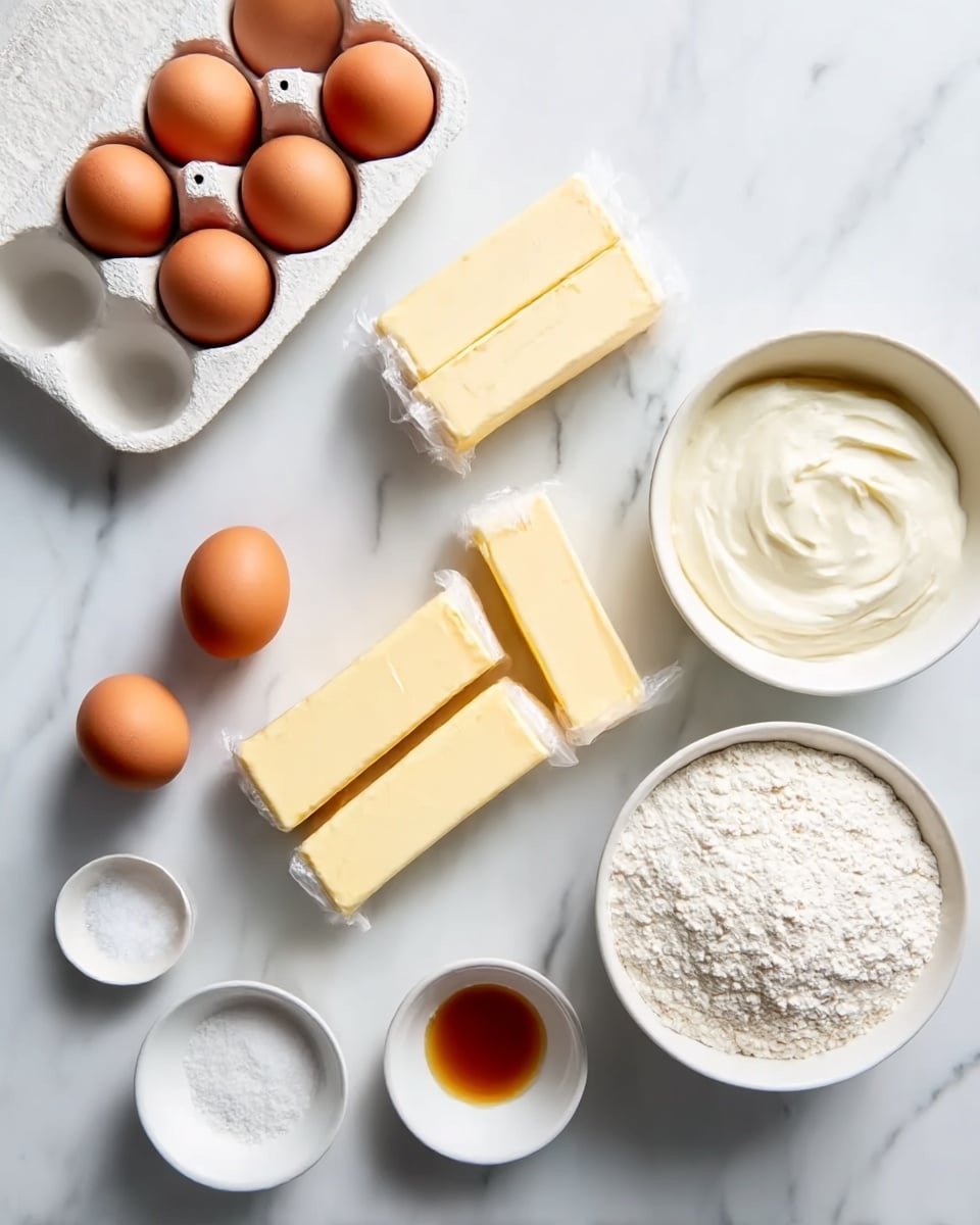 A white marbled surface displays baking ingredients neatly arranged: three sticks of light yellow butter in white wrappers are placed in the center, four brown eggs sit in a white egg tray in the top left, a white bowl filled with white powdery flour is on the bottom right, and next to it at top right is a white bowl with smooth white cream. Small white bowls around hold fine white powder, brown liquid, and salt. The colors vary from light yellow butter, brown eggs, white flour, and white cream, all on a white marbled surface. photo taken with an iphone --ar 4:5 --v 7