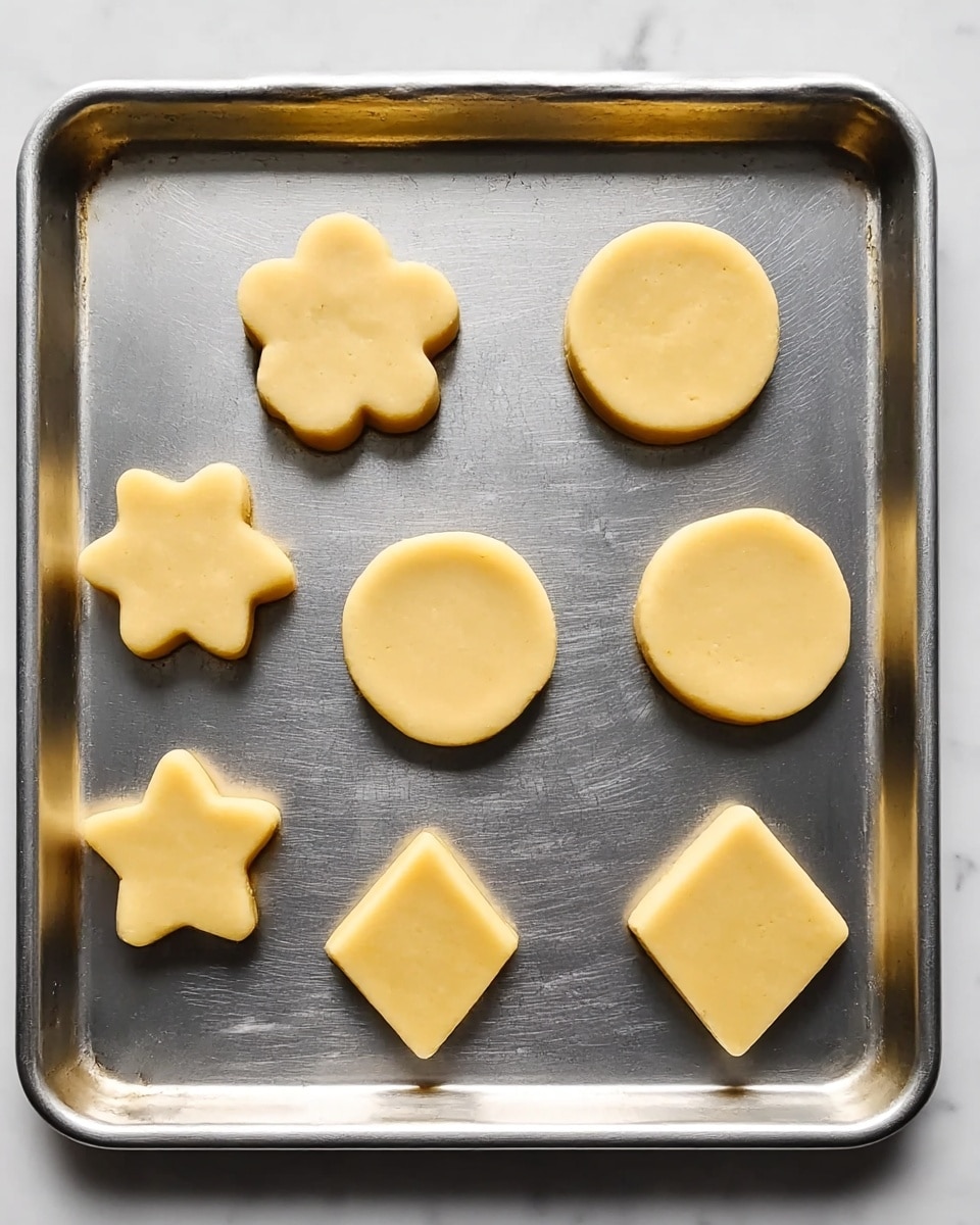 The image shows eight raw cookie dough shapes placed on a silver baking sheet. The shapes include two flowers, two stars, two circles, and two diamonds. The dough is light yellow and smooth. The shapes are evenly spaced on the tray, which has a slightly worn texture. The background surface is a white marbled texture. photo taken with an iphone --ar 4:5 --v 7