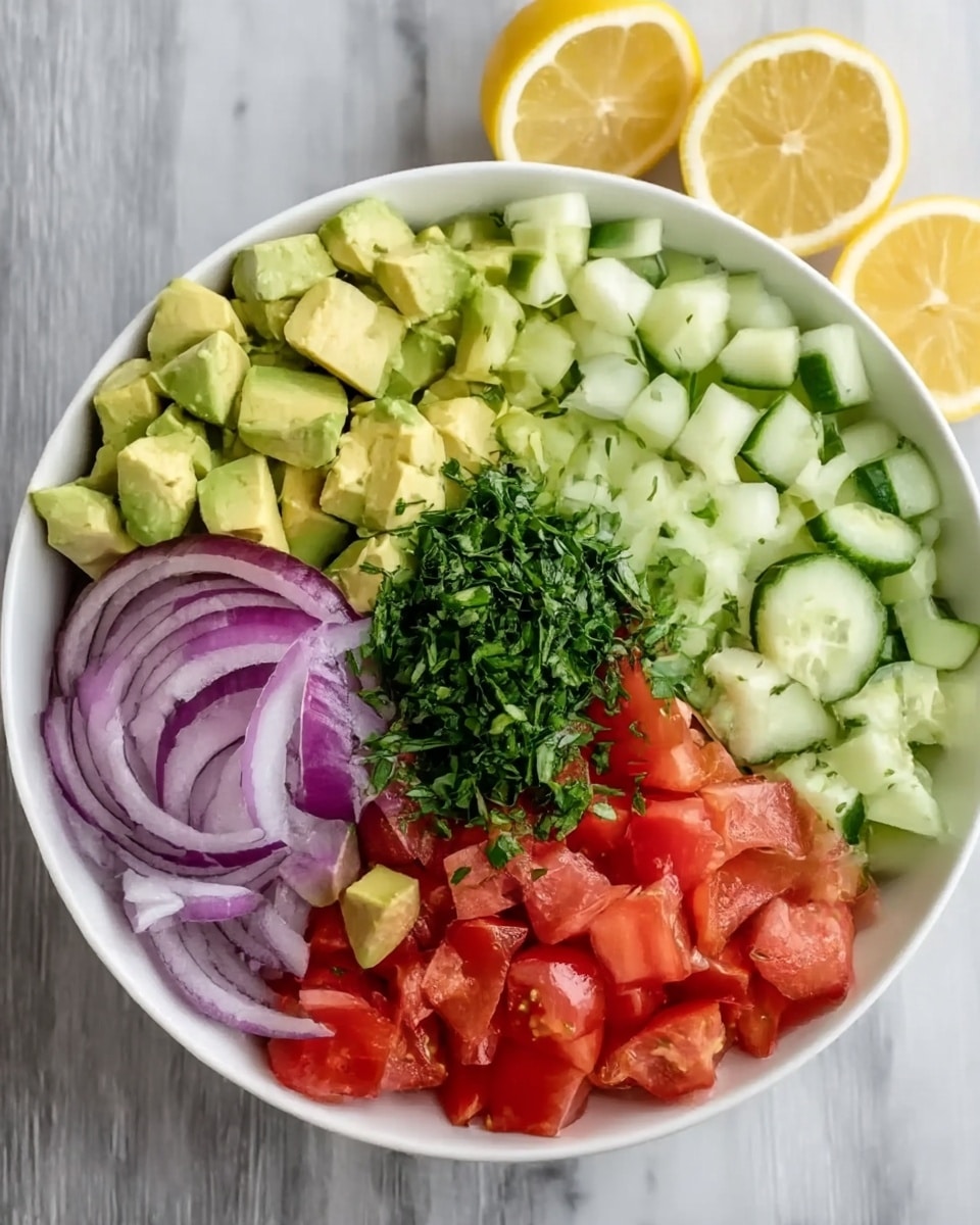 A white bowl is filled with colorful salad ingredients, neatly layered in sections. At the bottom left, there are diced avocado pieces with a light green, creamy texture. Next to it on the left side are thin slices of purple onion with a slight shine. The top section of the bowl shows chopped cucumber pieces that are pale green and crisp-looking. At the bottom right, there are bright red, juicy tomato chunks. In the center of the bowl, a pile of finely chopped green herbs adds a fresh touch. The bowl is set on a white marbled surface, and two halves of lemon are placed nearby. Photo taken with an iphone --ar 4:5 --v 7