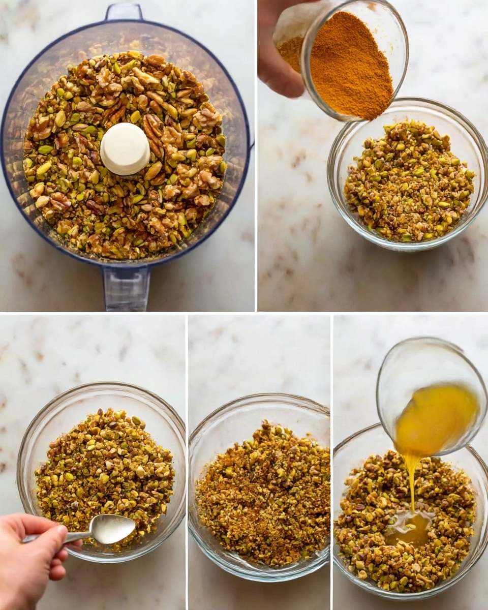 The image shows six steps of making a nut mix in clear kitchen tools on a white marbled surface. The first step has a close-up top view of a food processor bowl filled with whole walnuts and pistachios, showing the rough texture and different shades of brown and green. The second step shows the same bowl but now with the nuts chopped into small pieces, with a grainy, mixed brown-green texture. The third step is a clear glass bowl with the chopped nuts inside, and a woman's hand is tipping in a small glass bowl of cinnamon powder, adding a warm orange-brown layer on top of the nut mix. The fourth step shows the mixed nuts and cinnamon, with a spoon partly stirring the mixture, the texture coarse and colorful with brown and green pieces. The fifth step shows a small clear glass bowl with melted butter being poured into the nut mixture in the glass bowl, adding a shiny wet layer on top of the dry nut mix. The sixth step shows the nut mixture well mixed with a spoon, now a moist, clumpy texture with a mix of brown, light green, and yellowish colors. Photo taken with an iphone --ar 4:5 --v 7