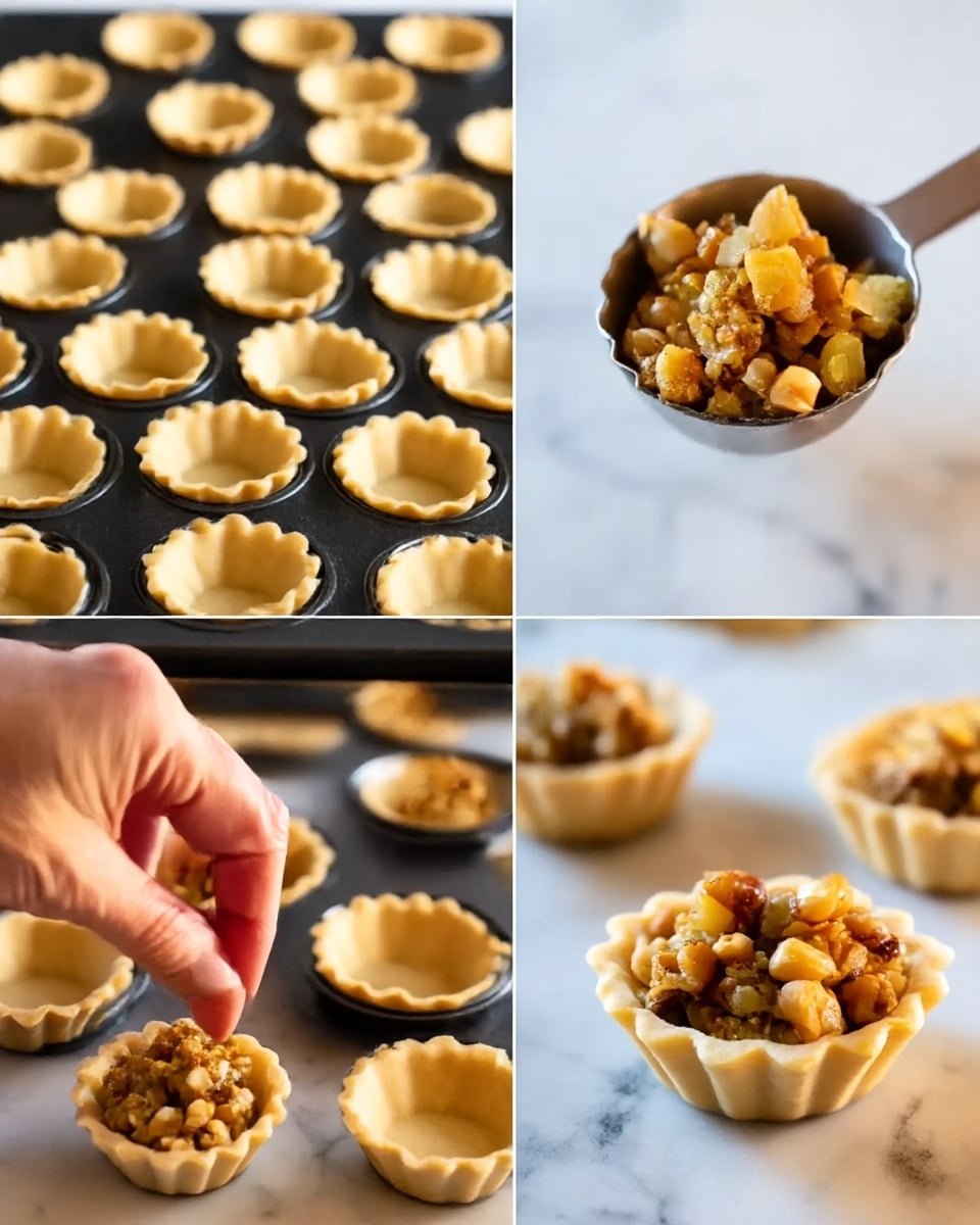 The image shows four smaller pictures in a grid. The top left part shows many small empty tart shells arranged neatly on a black baking tray. The shells are light golden in color with a slightly crinkled edge. The top right part zooms in on a small scoop filled with a mixture of light brown nuts and golden pieces, held above the empty tart shells in soft light. The bottom left part shows a woman's hand placing the nut mixture carefully into one tart shell, with two filled shells in the background. The bottom right part focuses on a close-up of a filled tart shell full of crunchy nut pieces with some darker bits, all sitting on a black baking sheet. The whole scene is set on a white marbled surface photo taken with an iphone --ar 4:5 --v 7