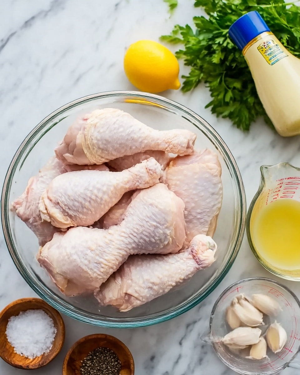 A clear glass bowl filled with several pieces of raw chicken drumsticks, pale pink with white skin texture, sits on a white marbled surface. Around the bowl, there is a fresh green leafy bunch of parsley on the top right, a whole bright yellow lemon nearby, a creamy light yellow Dijon mustard bottle with a blue top to the right of the bowl, a clear glass measuring cup with a small amount of light yellow liquid to the far right, and three peeled garlic cloves behind the cup. In front of the bowl, there are two small wooden bowls, one with white salt crystals and the other with black cracked pepper. Photo taken with an iphone --ar 4:5 --v 7