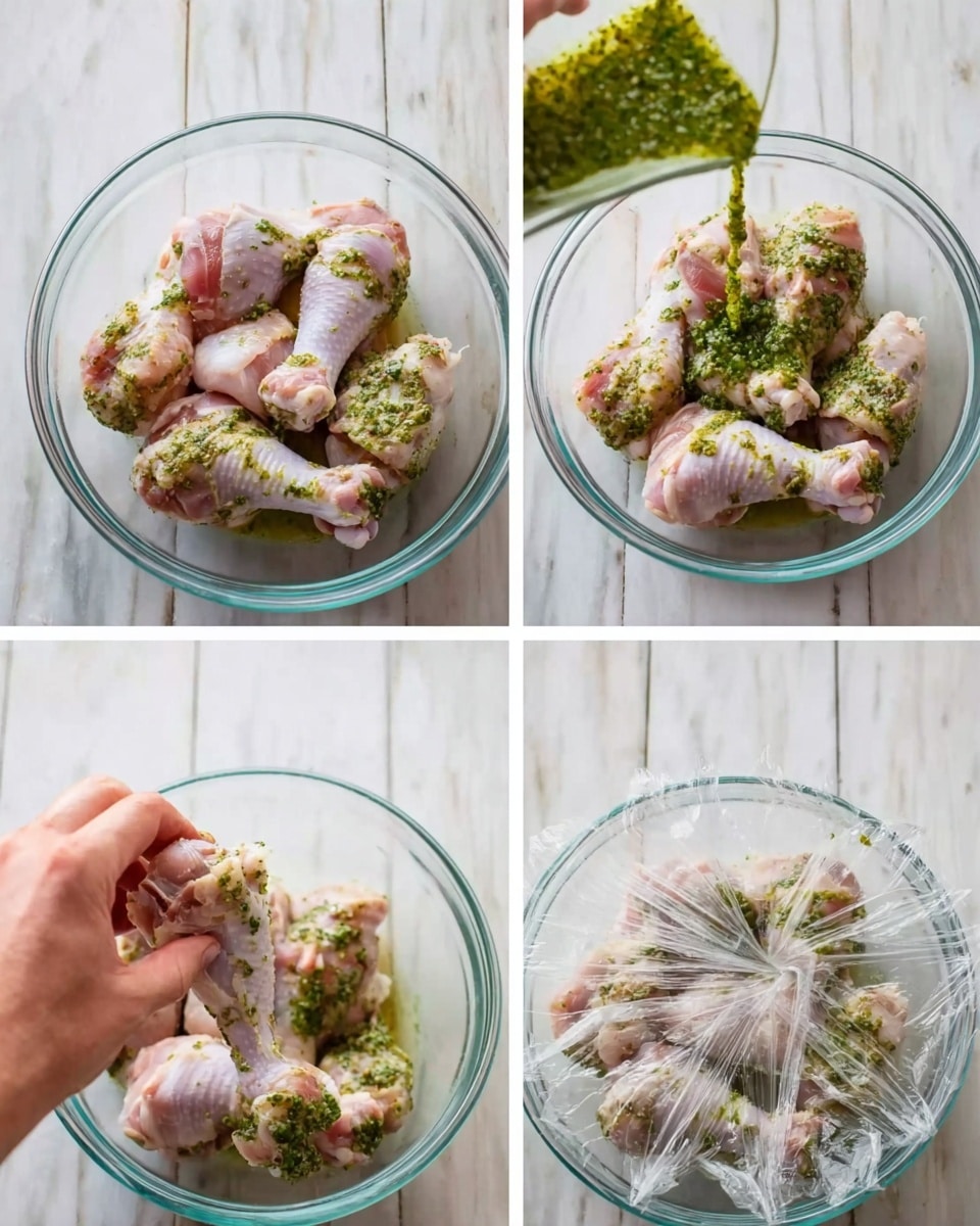 The image shows four smaller photos arranged in a square pattern, all featuring a clear glass bowl on a white marbled surface. The first photo (top left) has raw drumsticks in the bowl with a green herb sauce being poured over them from above. The second photo (top right) shows the drumsticks fully covered in the green herb sauce. The third photo (bottom left) features a woman's hand mixing or lifting one drumstick in the bowl to coat it well. The fourth photo (bottom right) shows the drumsticks topped with the green mixture, then covered loosely with clear plastic wrap. The colors are mainly light pink from the raw drumsticks and bright green from the sauce, with the clear bowl and white marbled background visible. photo taken with an iphone --ar 4:5 --v 7