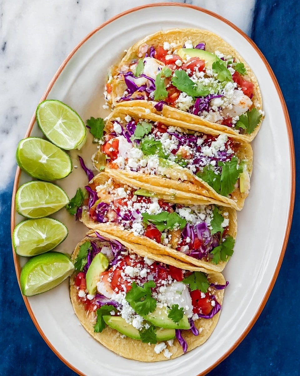 Four soft corn tortillas are placed in a row on a white oval plate. Each tortilla holds a layered mix of ingredients starting with white fish pieces, followed by purple cabbage strips, diced red tomatoes, and slices of green avocado. Fresh green cilantro leaves and a sprinkle of white crumbled cheese top the tacos. On the left side of the plate, there are several lime wedges arranged in a small cluster. The plate sits on a white marbled surface with a halved lime nearby. photo taken with an iphone --ar 4:5 --v 7