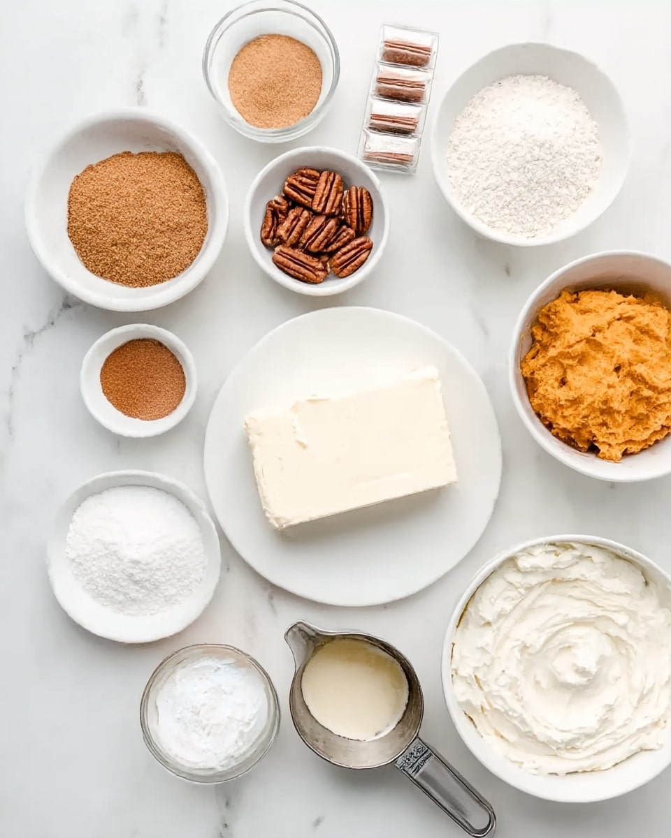 The image shows several white bowls and dishes arranged neatly on a white marbled surface, each holding different baking ingredients. In the center is a white plate with a large block of cream cheese that is smooth and creamy. Surrounding it are small bowls filled with brown sugar, chopped pecans, white granulated sugar, flour, and a small stack of spices. There is also a metal measuring cup with melted butter, a small orange bowl with mashed pumpkin, and a large white bowl filled with thick white cream. The colors range from light beige to white and soft orange, with textures from creamy and smooth to grainy and chopped. A woman's hand is not visible but implied for use. photo taken with an iphone --ar 4:5 --v 7