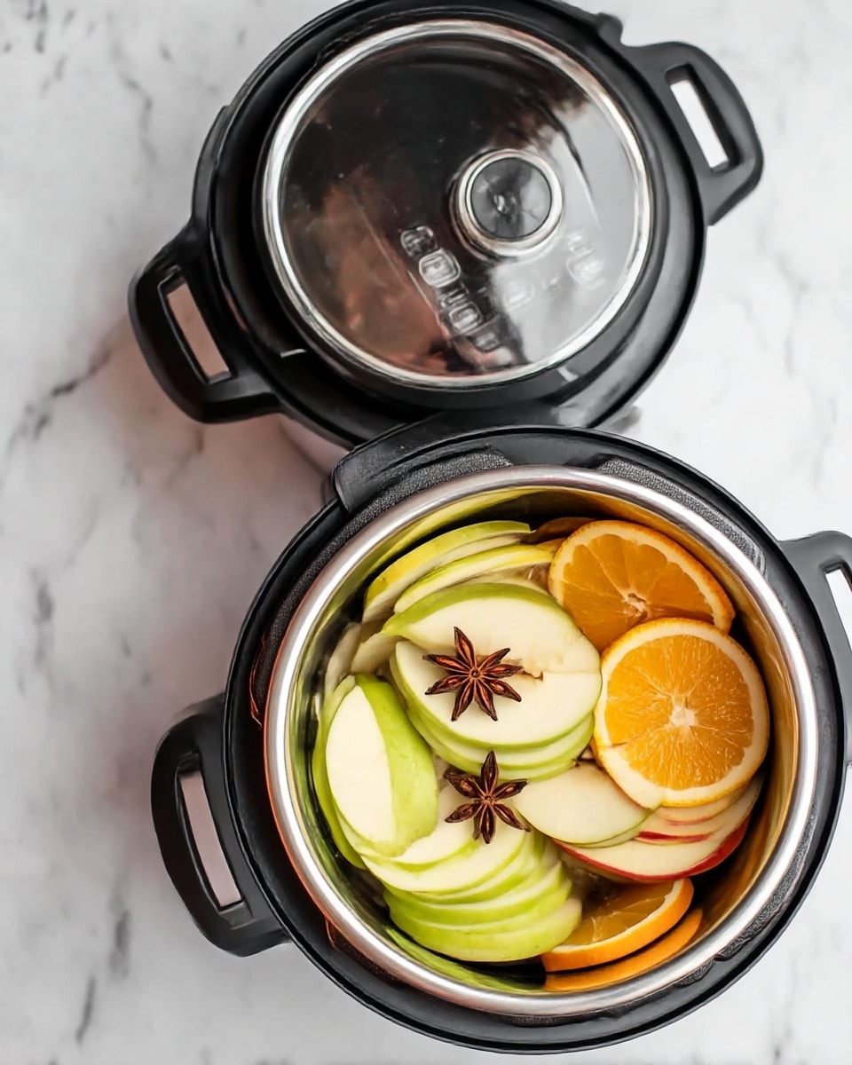 The image shows a metal pot inside a pressure cooker filled with several layers of sliced fruit and spices. The bottom layer has green apple slices, followed by lighter apple slices with a brown star anise on top, then thin yellow lemon slices and bright orange slices on the upper layer, all sitting against the silver inside walls of the pot. Next to this, the top view of the closed black pressure cooker sits on a white marbled surface, showing its glossy black lid with a handle and control knob. photo taken with an iphone --ar 4:5 --v 7