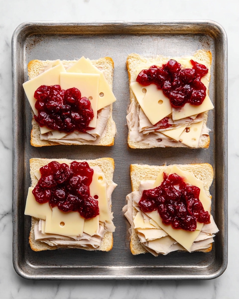 The image shows four open square sandwiches placed side by side on a metal baking tray. Each sandwich has three layers: the bottom layer is light sliced turkey, folded gently and spread evenly. On top of the turkey, there are slices of pale yellow cheese with small holes, arranged loosely. The top layer is a dollop of bright red cranberry sauce, spread unevenly but thick, adding a glossy and textured look. The tray rests on a white marbled surface. photo taken with an iphone --ar 4:5 --v 7
