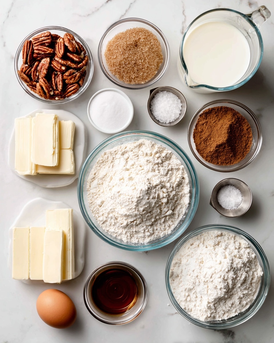 The image shows a top-down view of several clear glass bowls and containers placed on a white marbled surface. At the center is a large bowl filled with white flour with a soft, powdery texture. Surrounding it are smaller bowls: one with whole pecans showing a rich brown, rough texture; another holding light brown sugar with a grainy look; a bowl with white powdered sugar having a fine, fluffy texture; a small bowl containing brown cinnamon powder; and another with white baking powder. There is a clear glass measuring cup with white milk on the top right, next to a small clear bowl with dark brown vanilla extract. Two sticks of pale yellow butter lie stacked on the left. A small metal bowl holds coarse salt, placed near the bottom center. A single brown egg is positioned near the vanilla extract. Each ingredient is spaced out neatly on the white marbled backdrop. photo taken with an iphone --ar 4:5 --v 7