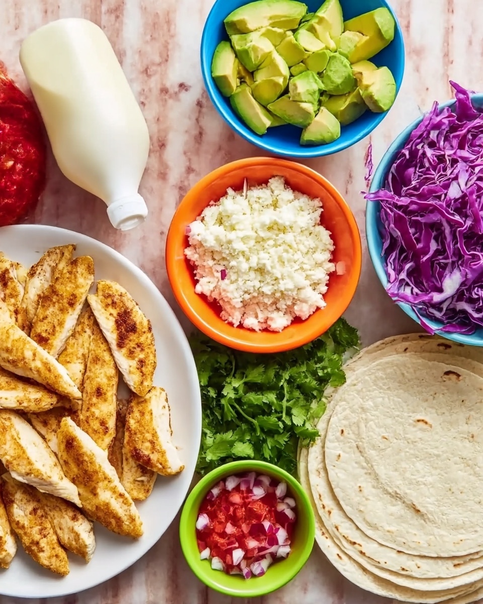 The image shows an overhead view of various ingredients laid out on a white marbled surface. On the lower left, there is a white plate with several pieces of golden-brown cooked chicken fillets arranged neatly. To the upper left, a white squeeze bottle is placed next to a small blue bowl filled with sliced avocado chunks. In the middle of the image, there is a small orange bowl filled with crumbled white cheese, surrounded by fresh green cilantro leaves. On the upper right, finely shredded purple cabbage is spread on the surface, and below it, a small green bowl holds chopped red onions. Near the bottom right, there are two stacked white round tortillas placed next to a small bowl of finely diced red tomatoes. The colors are bright and fresh, showcasing a variety of textures from the soft chicken and avocado to the crunchy cabbage and onions. photo taken with an iphone --ar 4:5 --v 7
