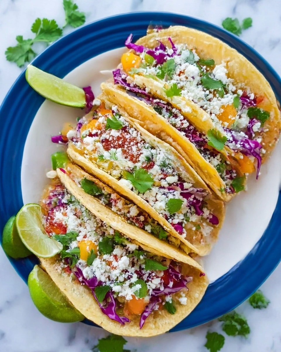 The image shows four soft corn tacos arranged closely in a row on a white plate. Each taco is filled with layers starting with shredded purple cabbage at the bottom, followed by diced orange pieces, small green cilantro leaves, and topped with a generous sprinkle of white crumbly cheese. The tacos have a light yellow color and a soft texture. Around the plate, there are fresh lime wedges and scattered green cilantro leaves. The background surface is a white marbled texture. Photo taken with an iphone --ar 4:5 --v 7