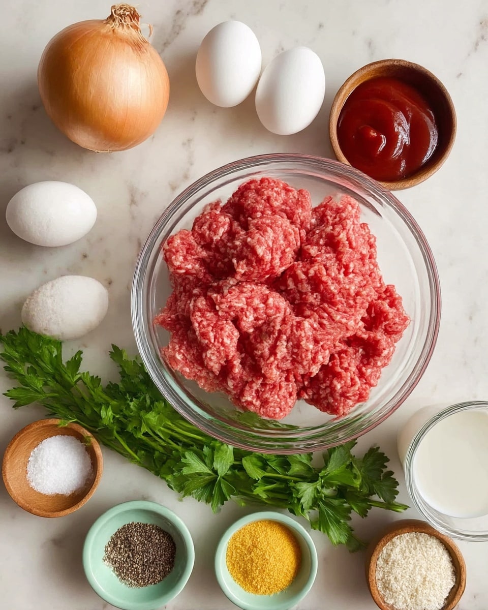 A top view of a kitchen table with a clear glass bowl filled with raw ground meat placed slightly to the right; surrounding the bowl are ingredients on a white marbled surface including a whole light brown onion and two white eggs at the top left, a small wooden bowl of dark red ketchup below the eggs, a bunch of fresh green parsley near the center bottom, a small light green bowl with ground black pepper to the left, a wooden bowl with white salt to the left of the pepper, a small yellow bowl with ground mustard below the salt, a small wooden bowl of white breadcrumbs to the right of salt, and a small clear glass bowl of white milk to the right near the bottom. Photo taken with an iphone --ar 4:5 --v 7
